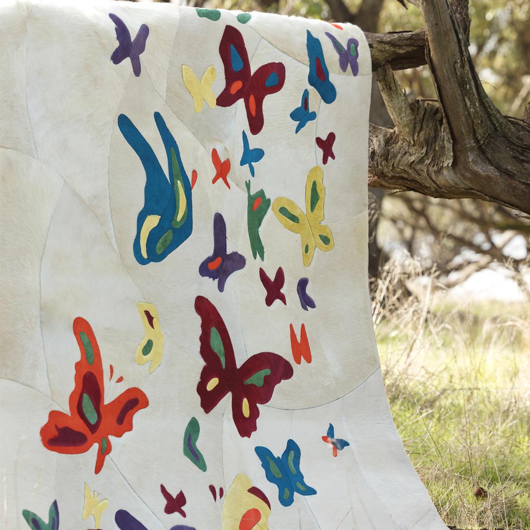 Art Deco Sasha Bikoff X Art Hide Customizable Cowhide Butterfly Mariposa Area Rug XLarge For Sale