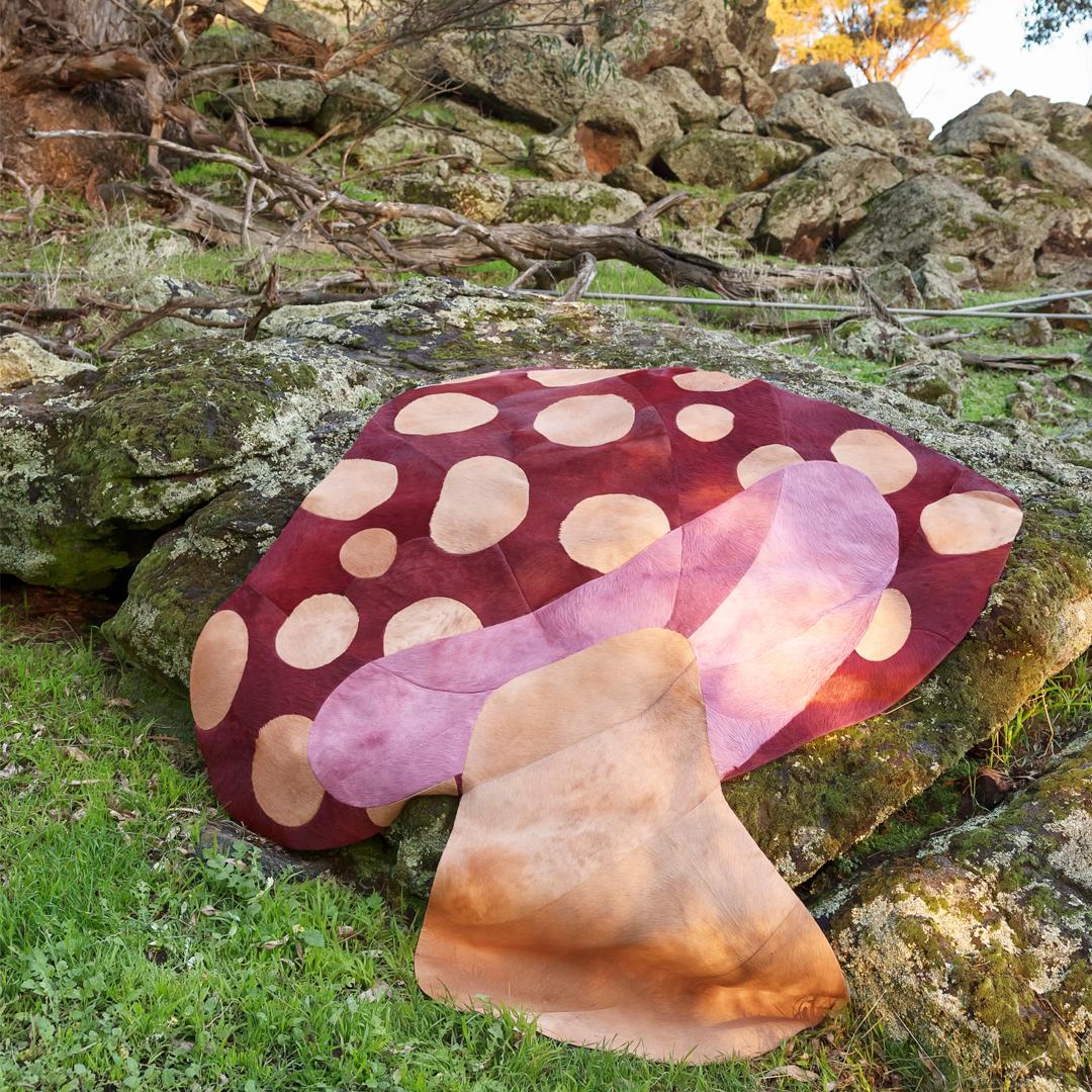Art Deco Sasha Bikoff X Art Hide Customizable Cowhide Red Mushroom Funghi Area Rug Small For Sale
