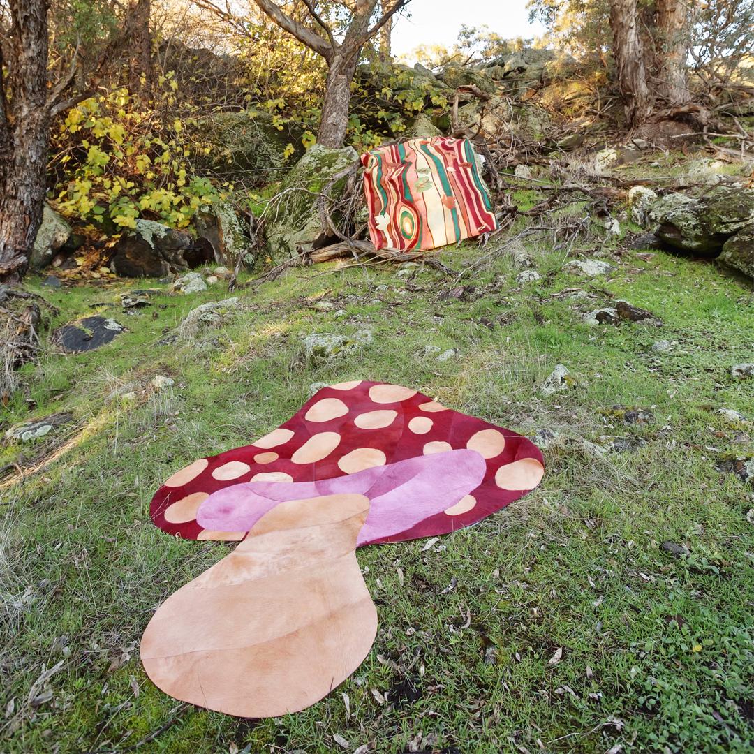 Pakistani Sasha Bikoff X Art Hide Customizable Cowhide Red Mushroom Funghi Area Rug Small For Sale