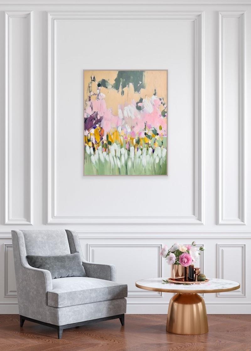 Ein mit Acrylfarben gemaltes abstraktes Bild, das einen Blumengarten nach dem Regen zeigt. Es wurde von Hampstead Heath in London inspiriert, einer grünen und schönen Gegend voller Pflanzen und Blumen. Ich habe es gemalt, als ich in Hampstead Heath