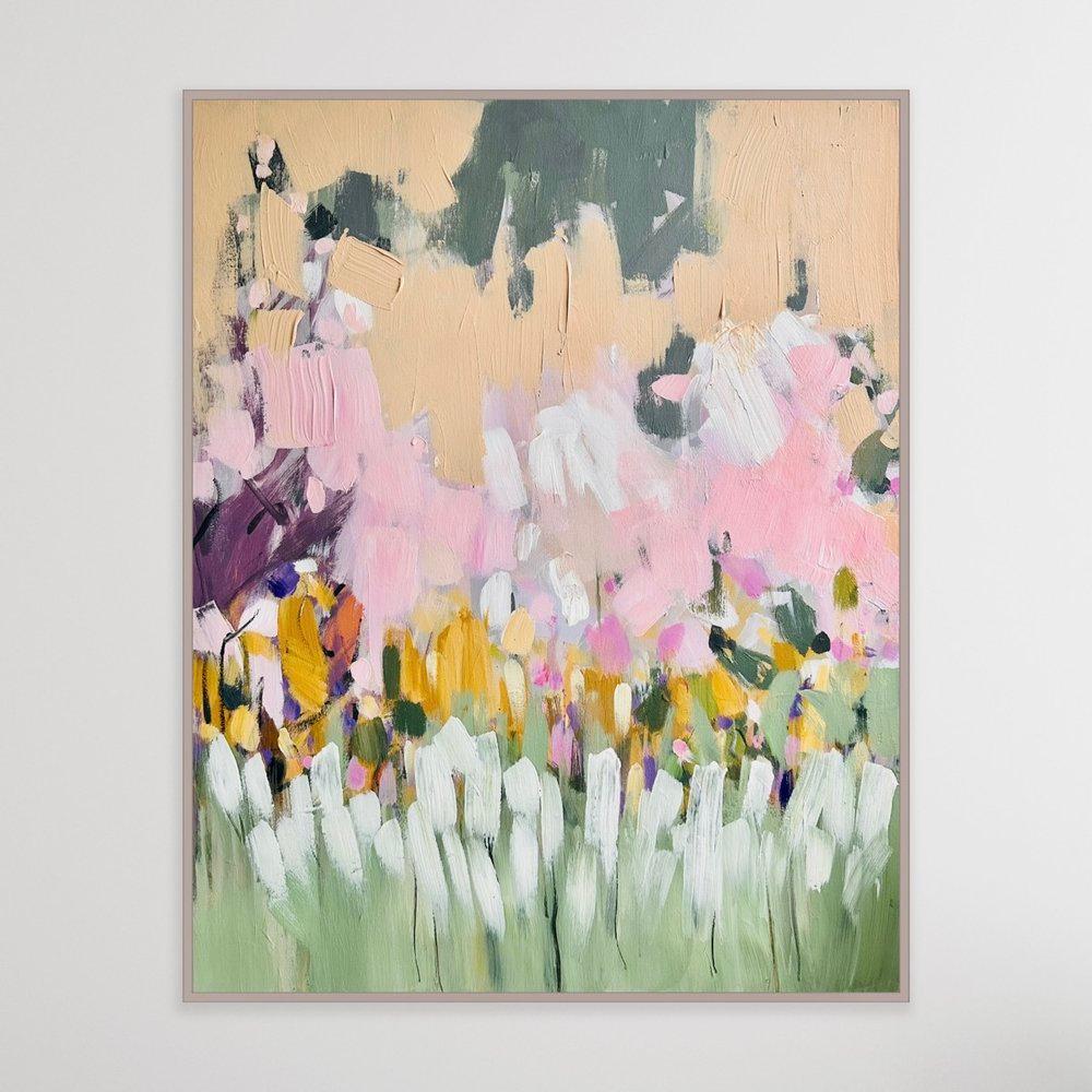 Ein mit Acrylfarben gemaltes abstraktes Bild, das einen Blumengarten nach dem Regen zeigt. Es wurde von Hampstead Heath in London inspiriert, einer grünen und schönen Gegend voller Pflanzen und Blumen. Ich habe es gemalt, als ich in Hampstead Heath