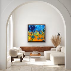 Aquilegias and Orange Geum, Abstract Blue and Orange Floral Painting, Bright Art