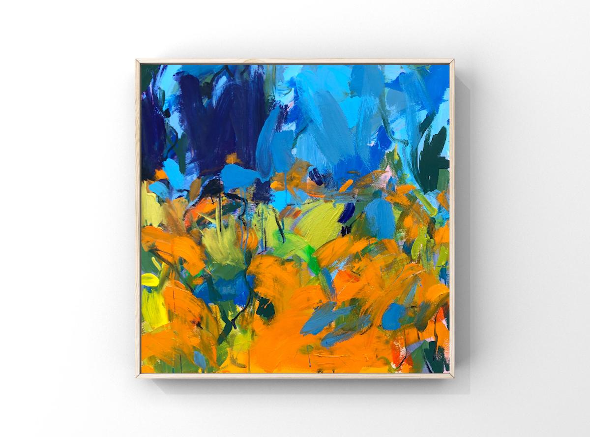 Aquilegias and Orange Geum, Abstract Blue and Orange Floral Painting, Bright Art For Sale 1