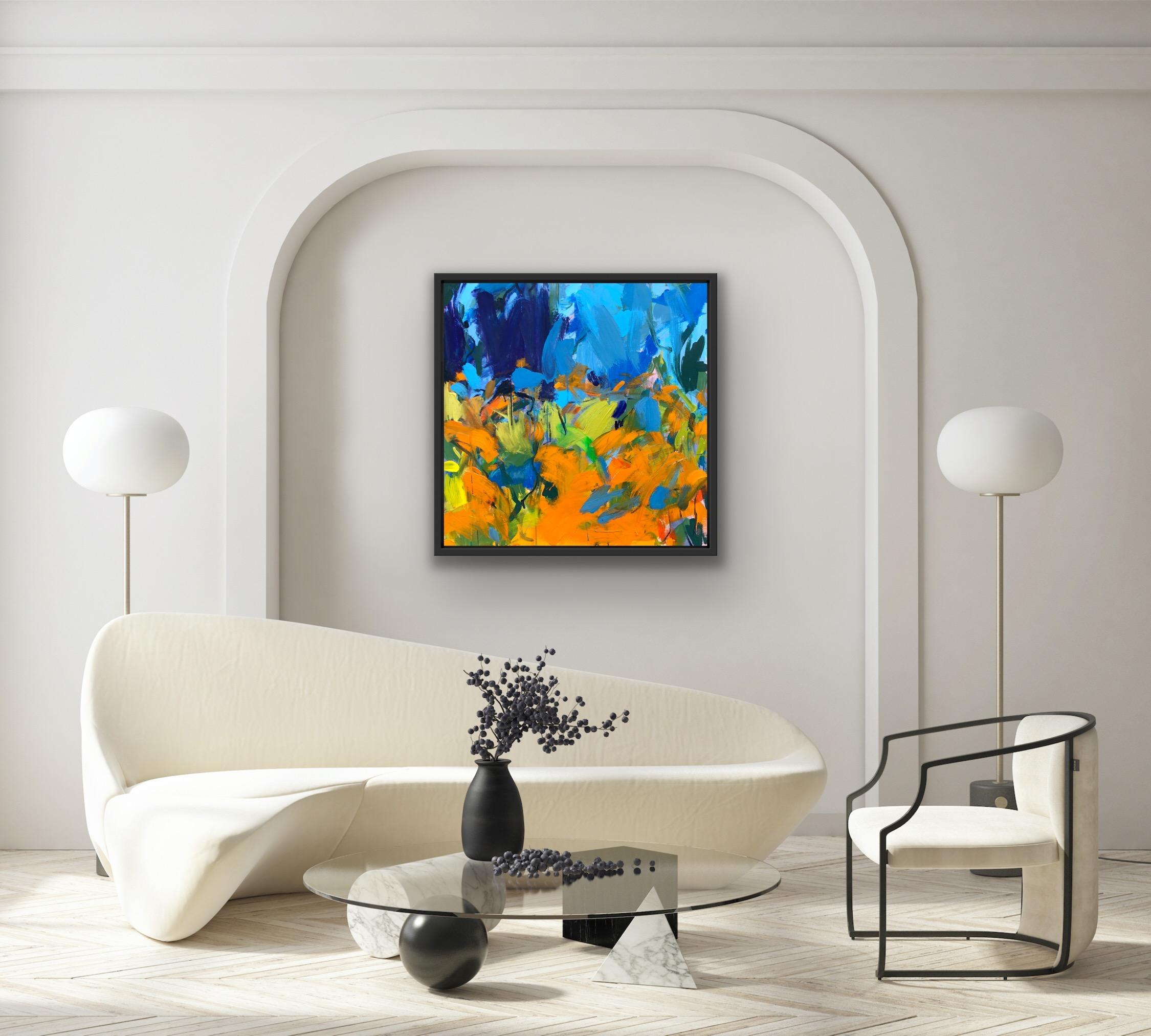 Aquilegias and Orange Geum, Abstract Blue and Orange Floral Painting, Bright Art For Sale 4