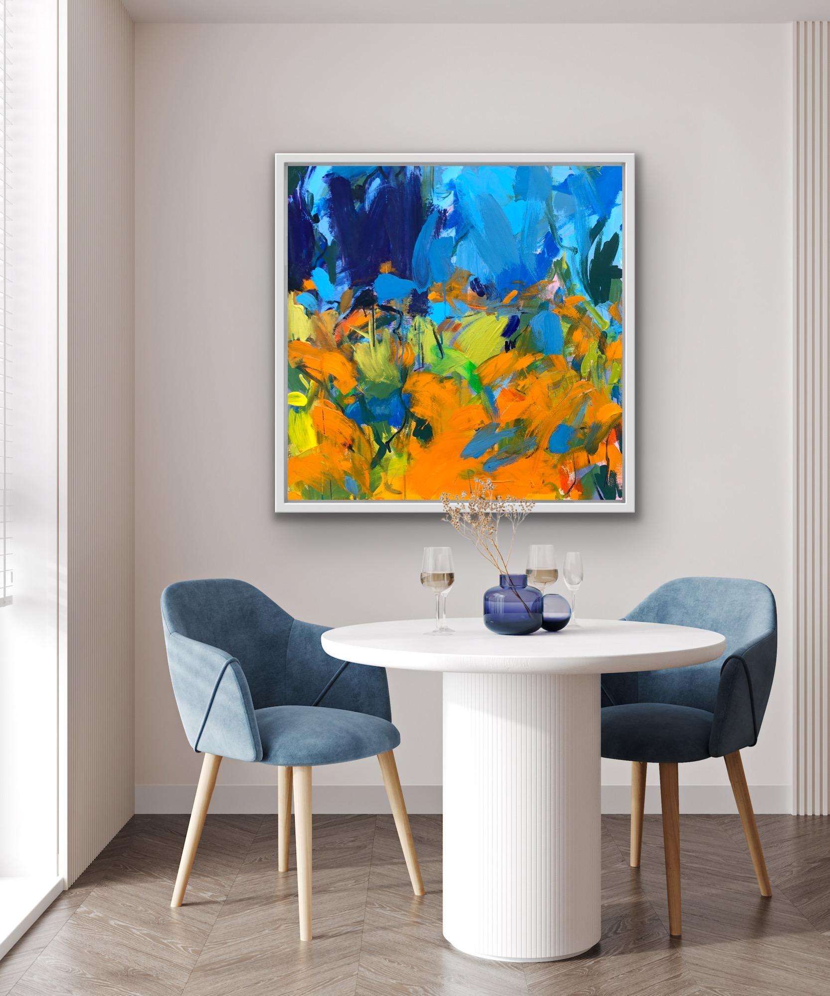 Aquilegias and Orange Geum, Abstract Blue and Orange Floral Painting, Bright Art For Sale 5