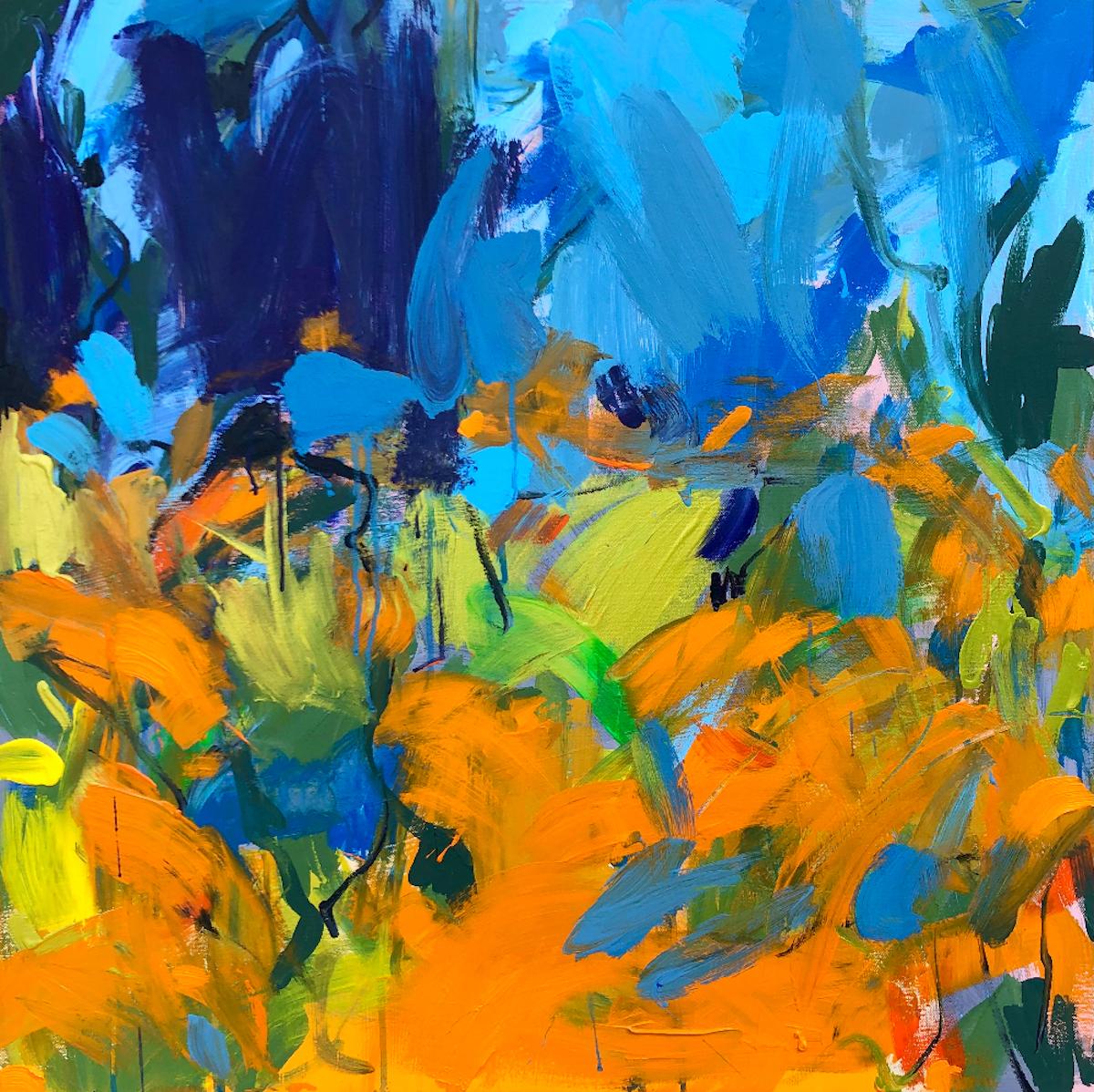 Sasha Getsko Landscape Painting - Aquilegias and Orange Geum, Abstract Blue and Orange Floral Painting, Bright Art