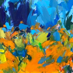 Aquilegias und Orange Geum, abstraktes blaues und orangefarbenes geblümtes Gemälde, helle Kunst