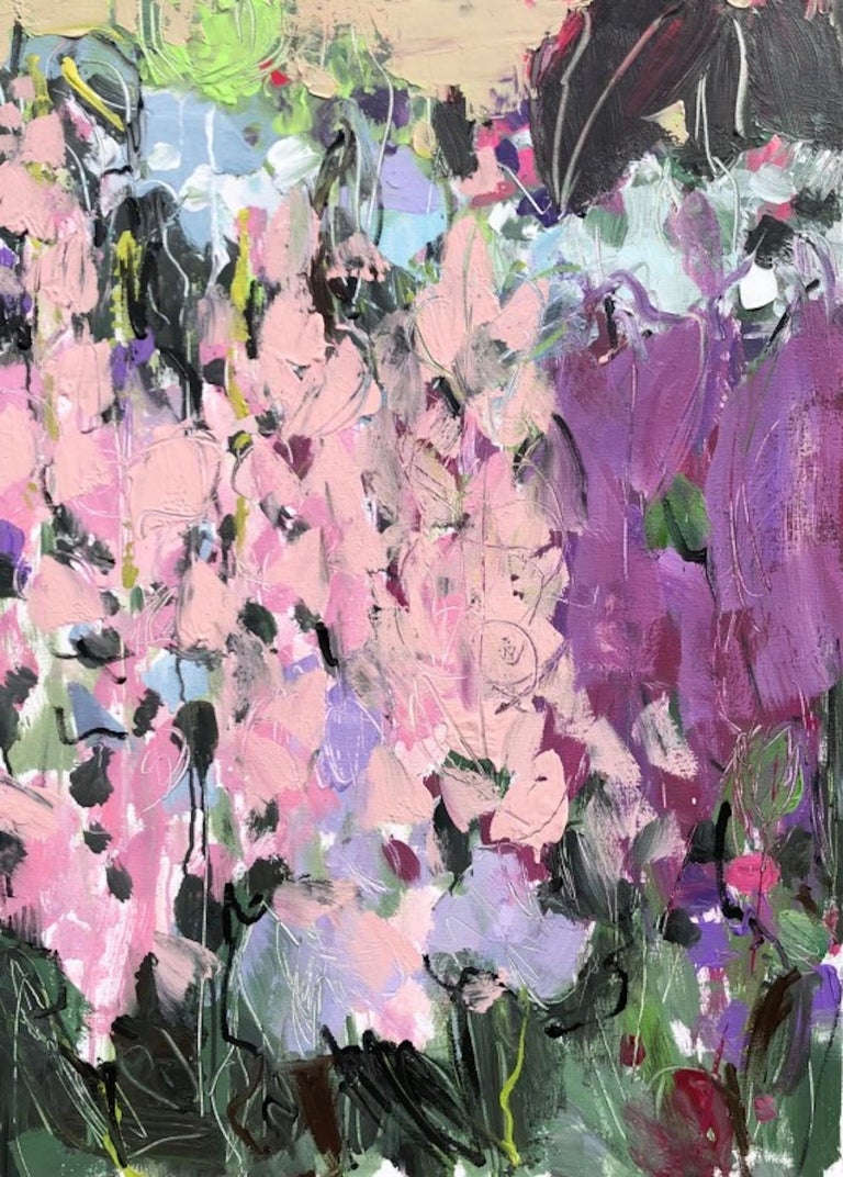 Foxglove Flowers, Sasha Getsko, Original Floral Landscape Painting, Affordable - Gray Still-Life Painting by Sasha Getsko