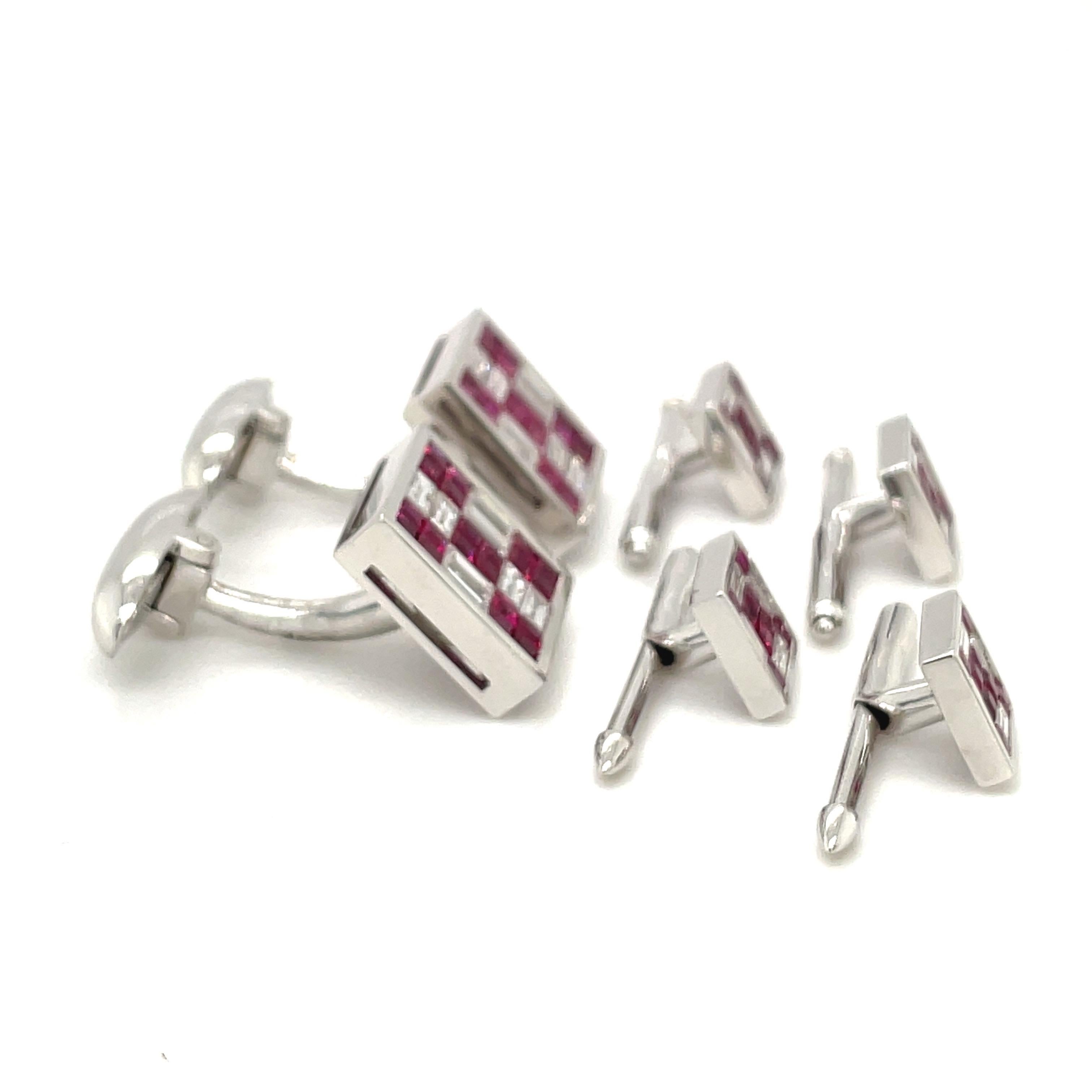 Square Cut Sasha Primak 18kt WG Ruby 2.99ct & Diamond 2.60ct Cuff Links/Studs Dress Set For Sale