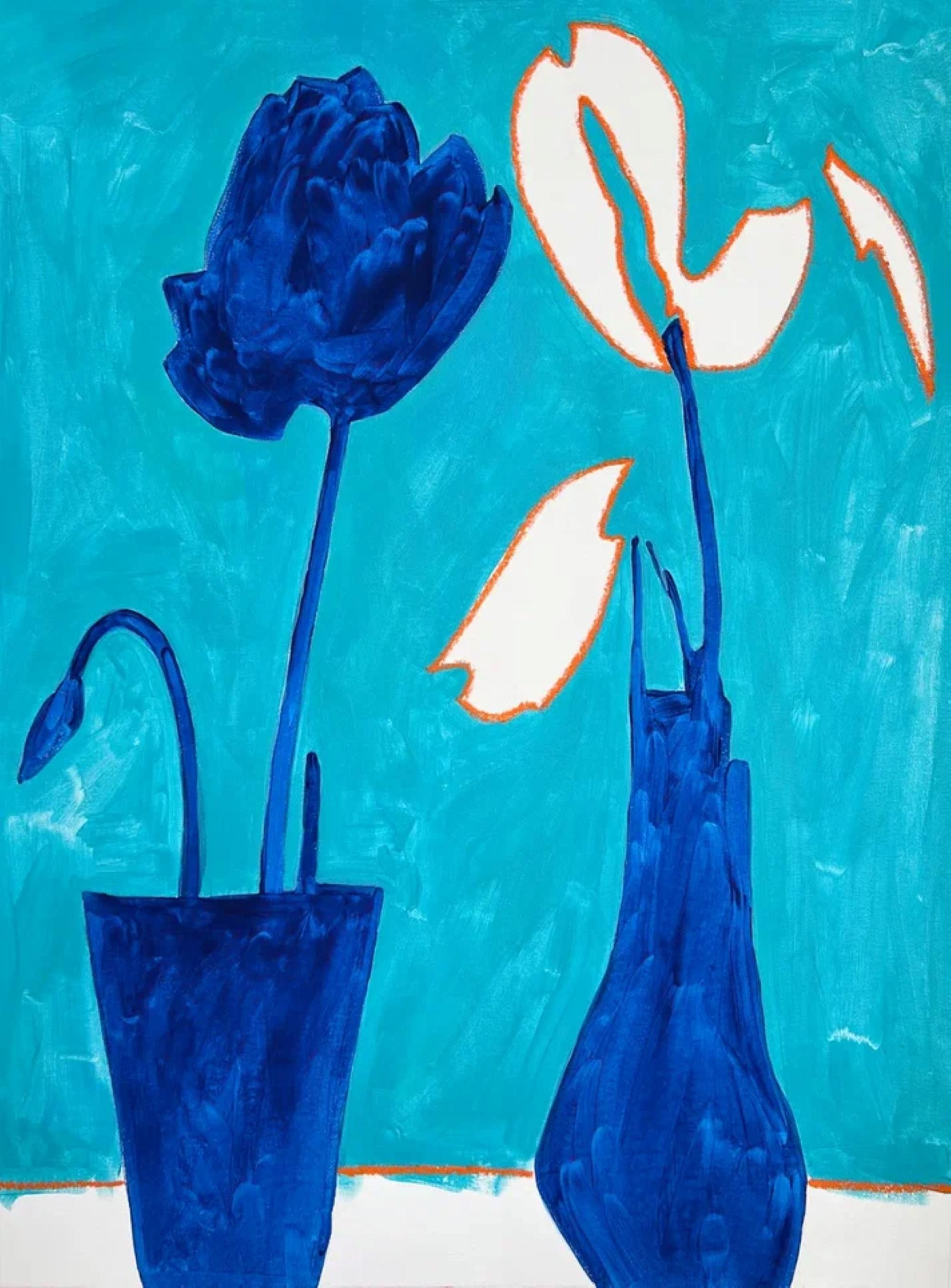 Sasha Robinson Still-Life Painting - Flowers on Blue Background