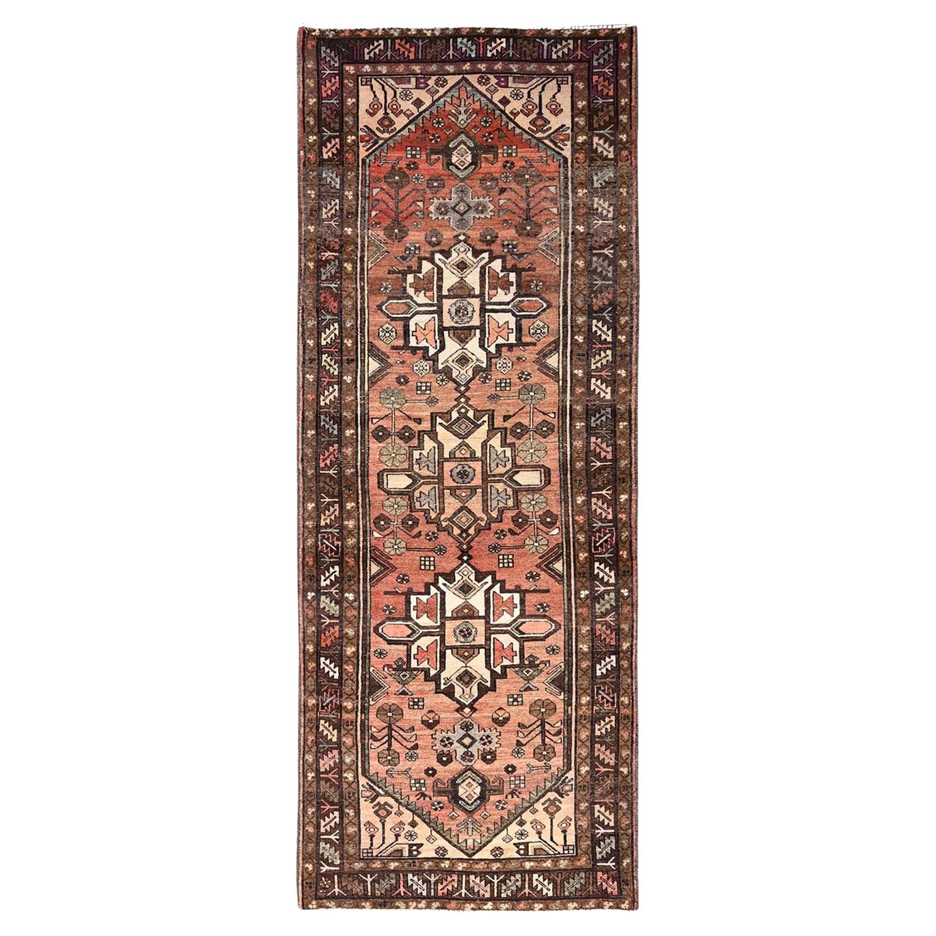 Sashay Red Clean Old Persian Hamadan Hand Knotted Runner Cropped Thin Wool Rug For Sale