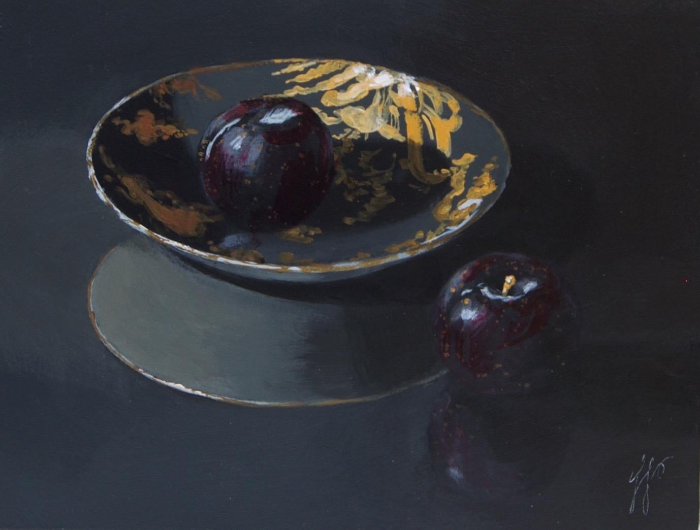 ''Black Bowl with Plums'', Contemporary Still Life with Chinese Porcelain 