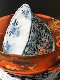"Chinese porcelain stacking of orange and blue in the dark" Still-Life Painting