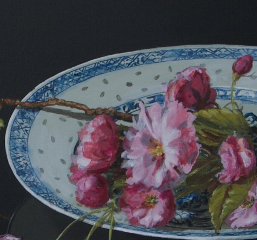 ''Japanese Blossom on Porcelain'', Contemporary Still Life with Pink Blossom - Black Figurative Painting by Sasja Wagenaar