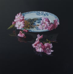 ''Japanese Blossom on Porcelain'', Contemporary Still Life with Pink Blossom