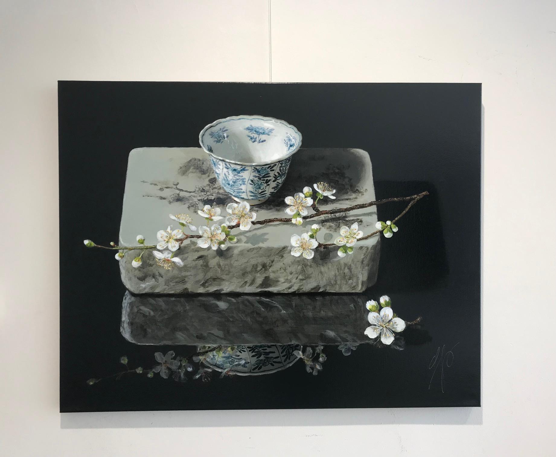 ''Porcelain with Blossom, Dark'', Dutch Contemporary Still-Life with Porcelain  3