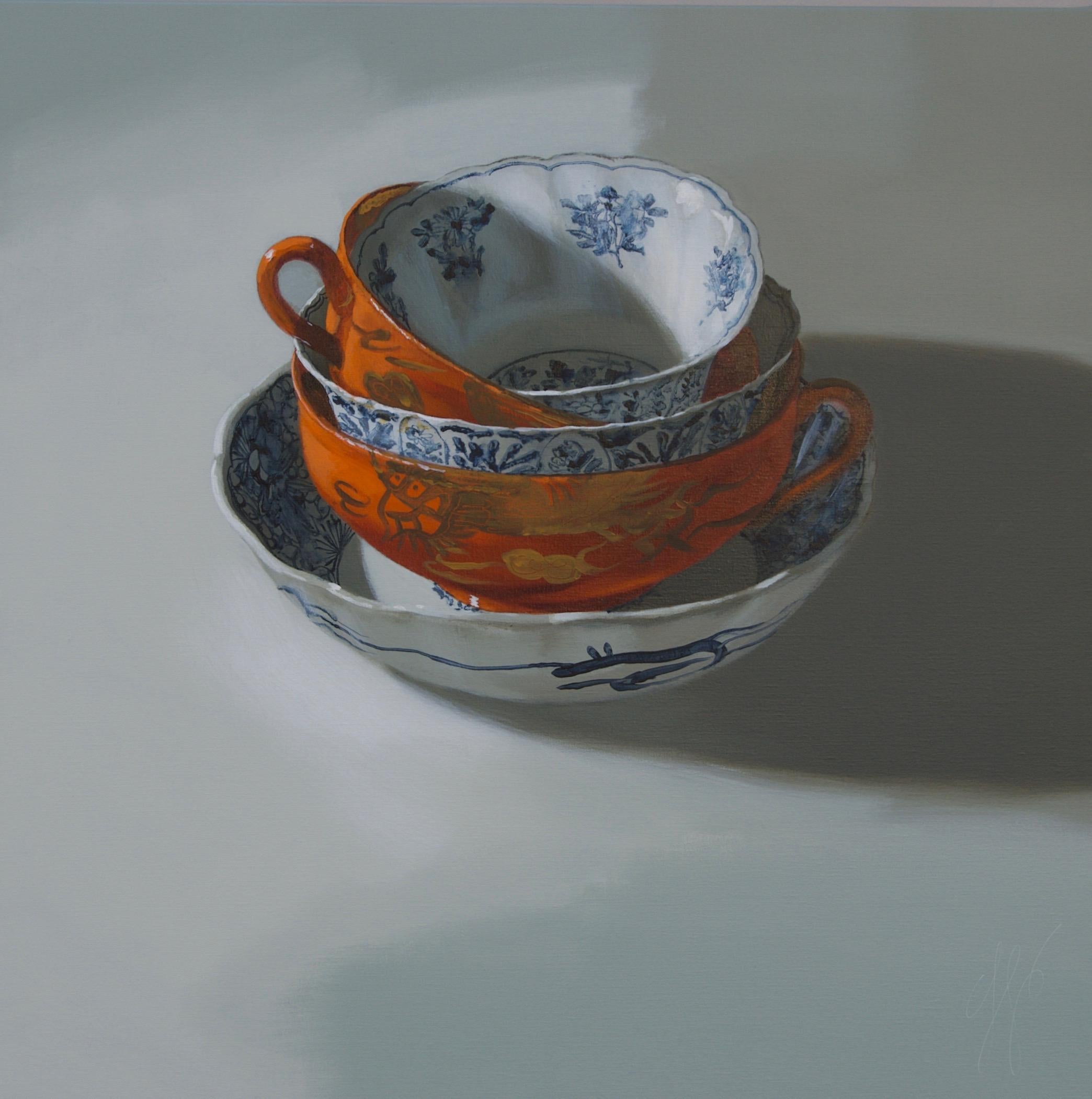 Sasja Wagenaar Still-Life Painting - ''Stacking Orange and Blue'', Dutch Contemporary Still Life with Porcelain 