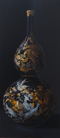 ''Vase noir avec détails dorés'', peinture contemporaine hollandaise de nature morte de vase