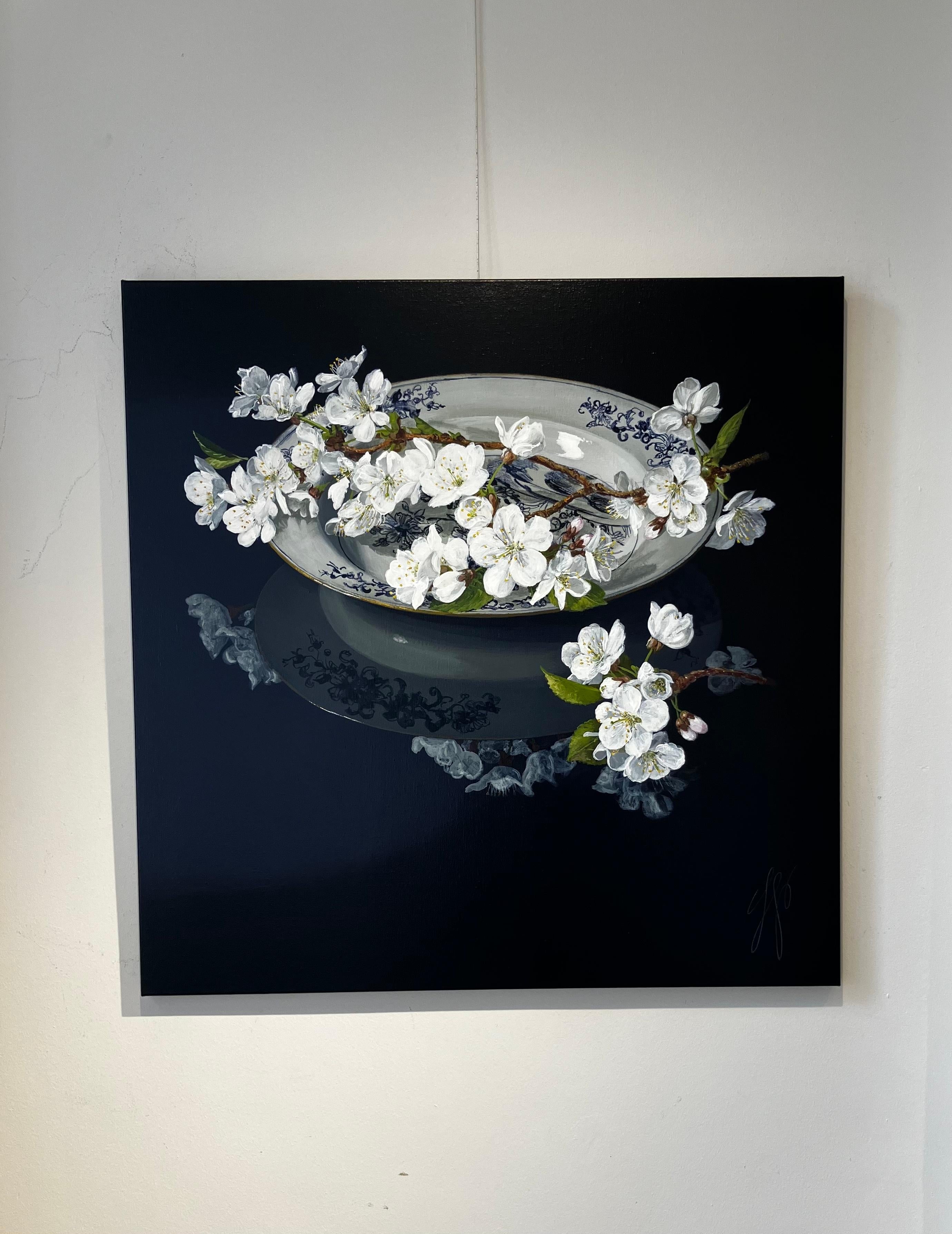 ''Cherry Blossom'', Contemporary Still Life Painting with Porcelain and Blossom - Black Still-Life Painting by Sasja Wagenaar