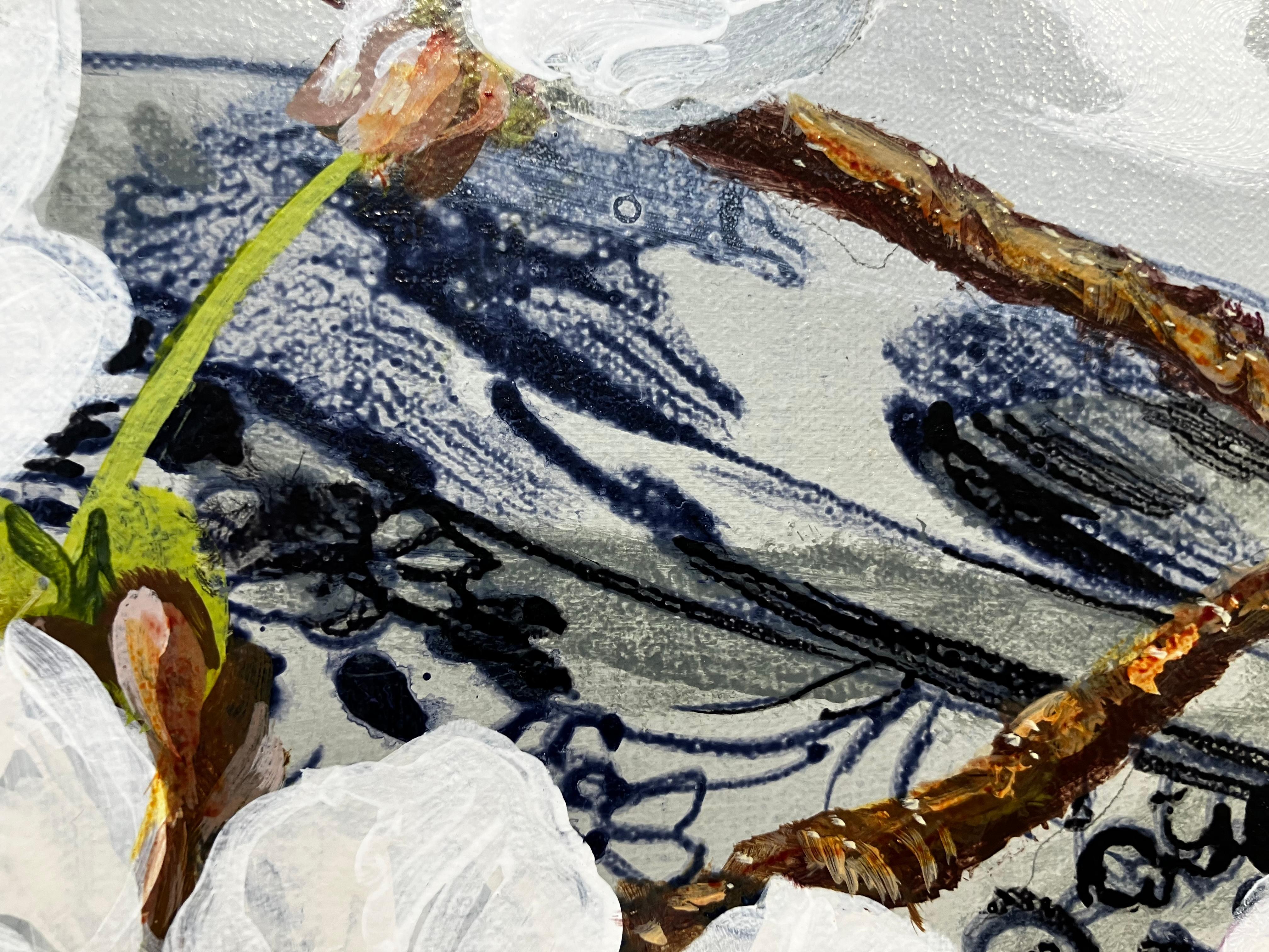 ''Cherry Blossom'', Contemporary Still Life Painting with Porcelain and Blossom For Sale 1