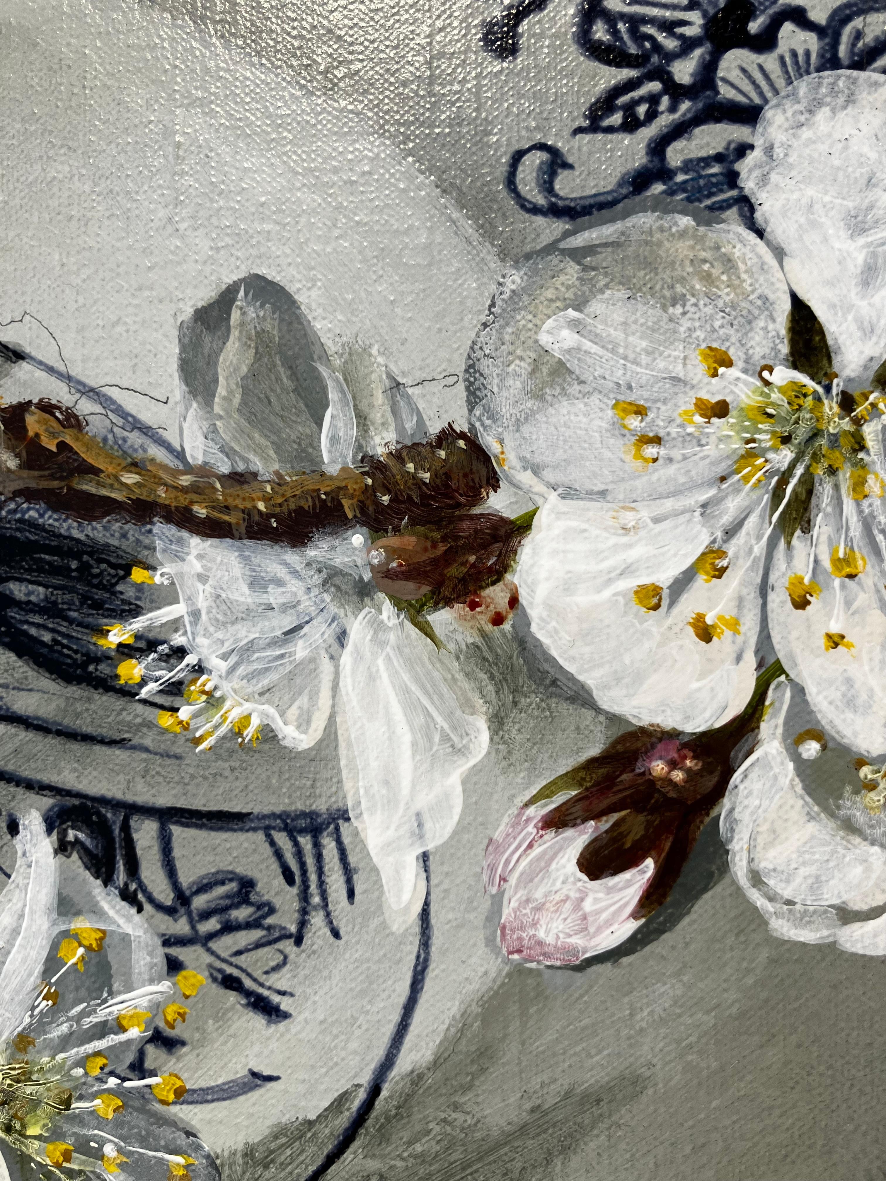 ''Cherry Blossom'', Contemporary Still Life Painting with Porcelain and Blossom For Sale 2