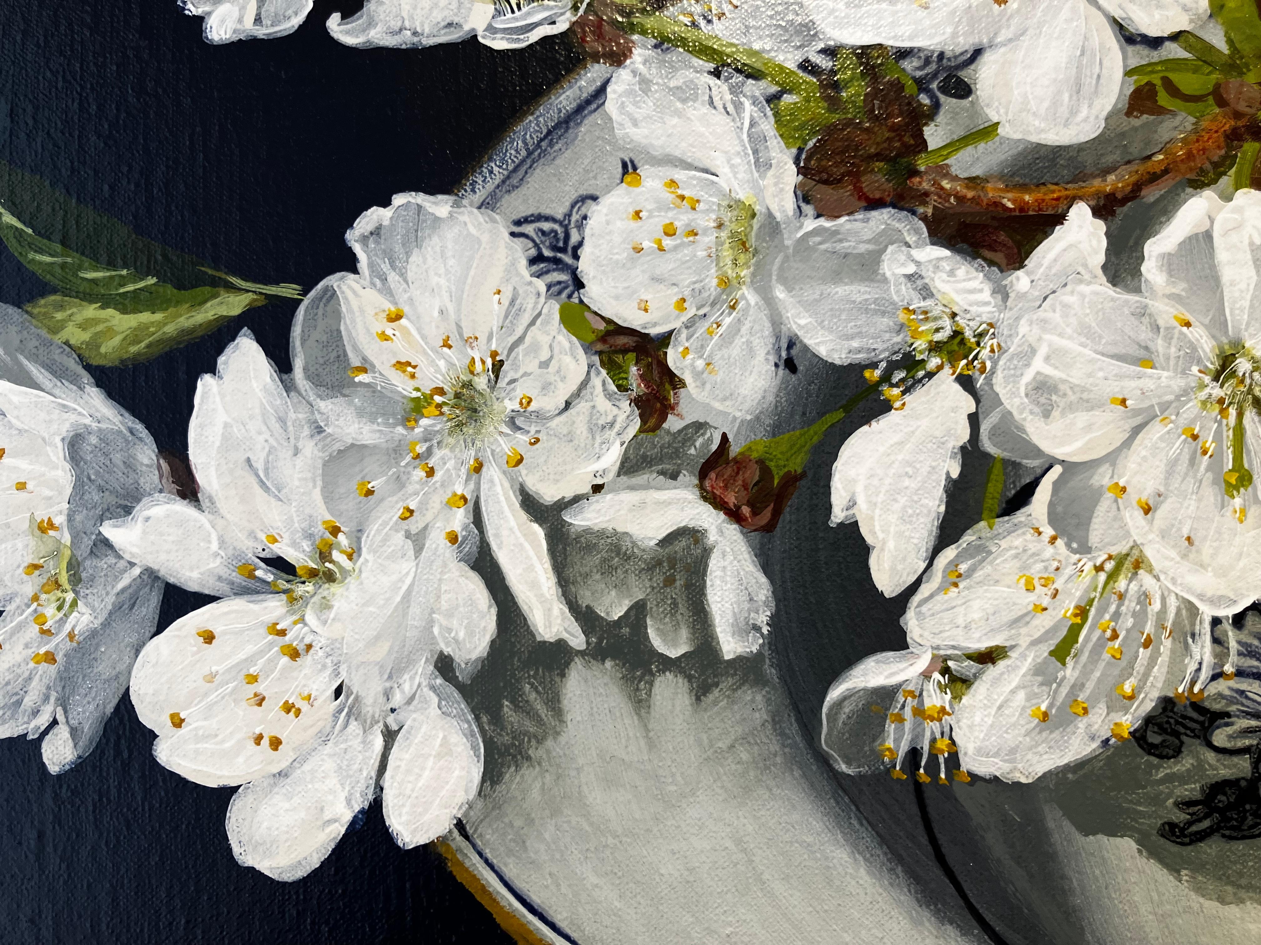 ''Cherry Blossom'', Contemporary Still Life Painting with Porcelain and Blossom For Sale 3