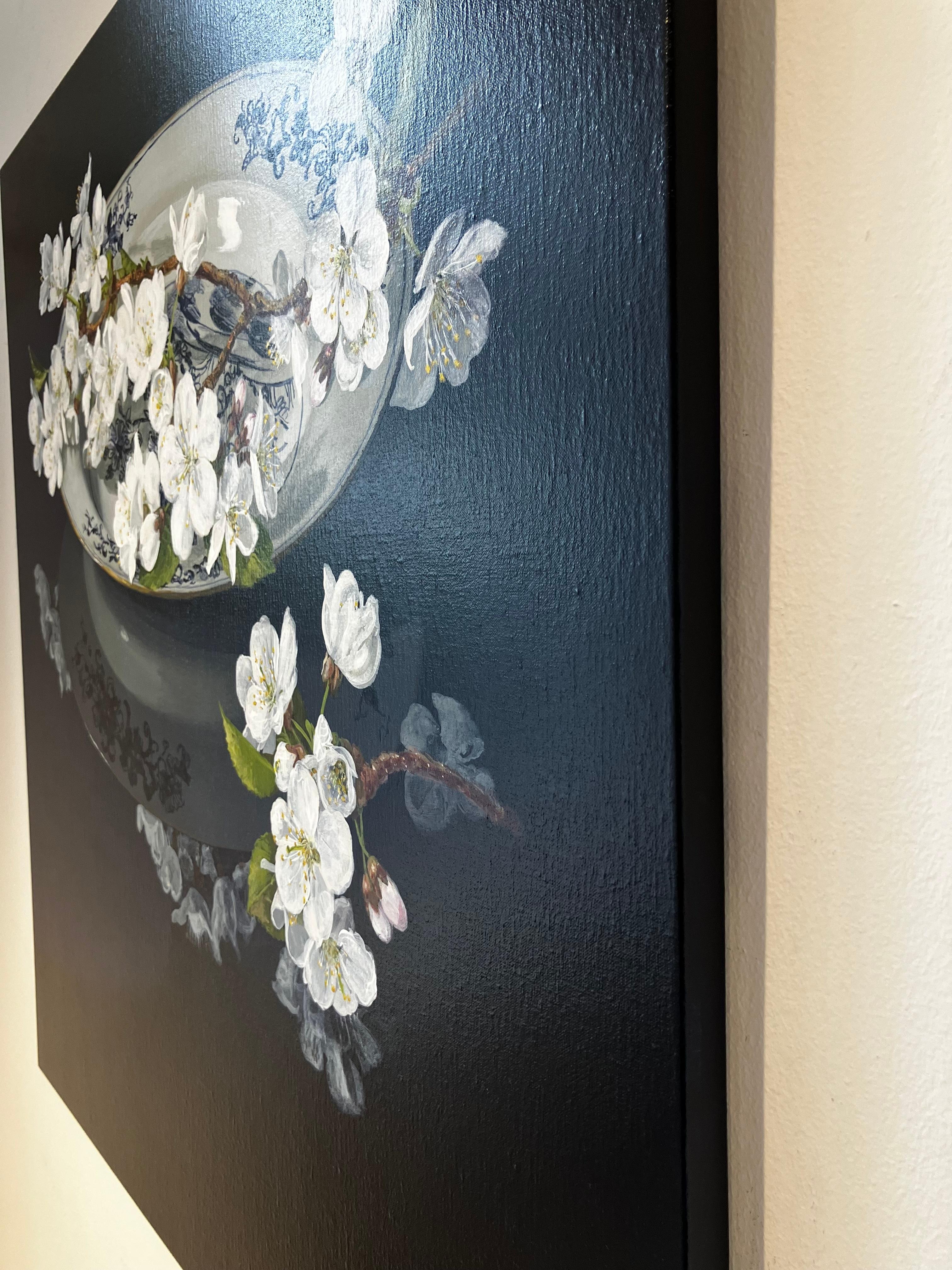 ''Cherry Blossom'', Contemporary Still Life Painting with Porcelain and Blossom For Sale 5