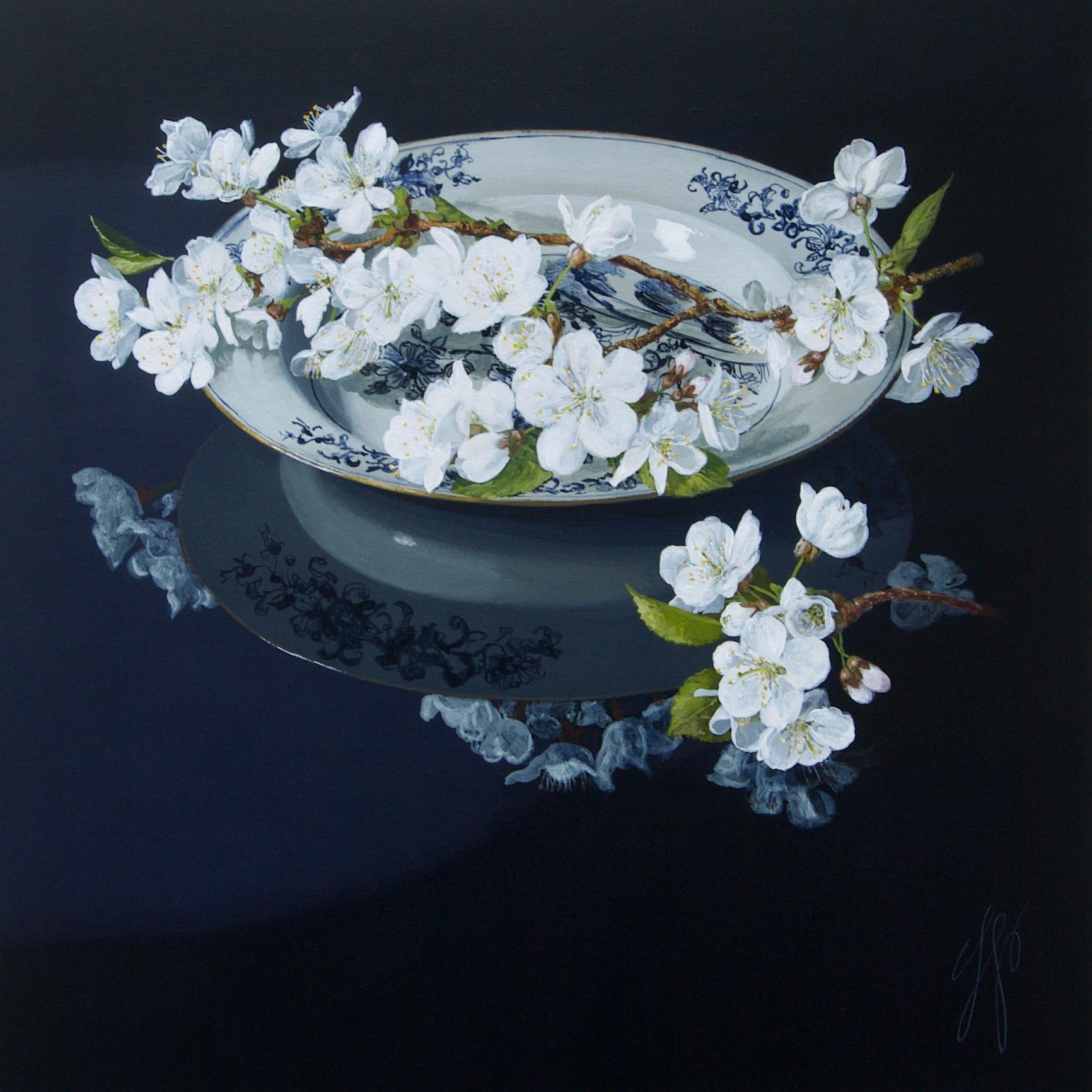 Sasja Wagenaar Still-Life Painting - ''Cherry Blossom'', Contemporary Still Life Painting with Porcelain and Blossom