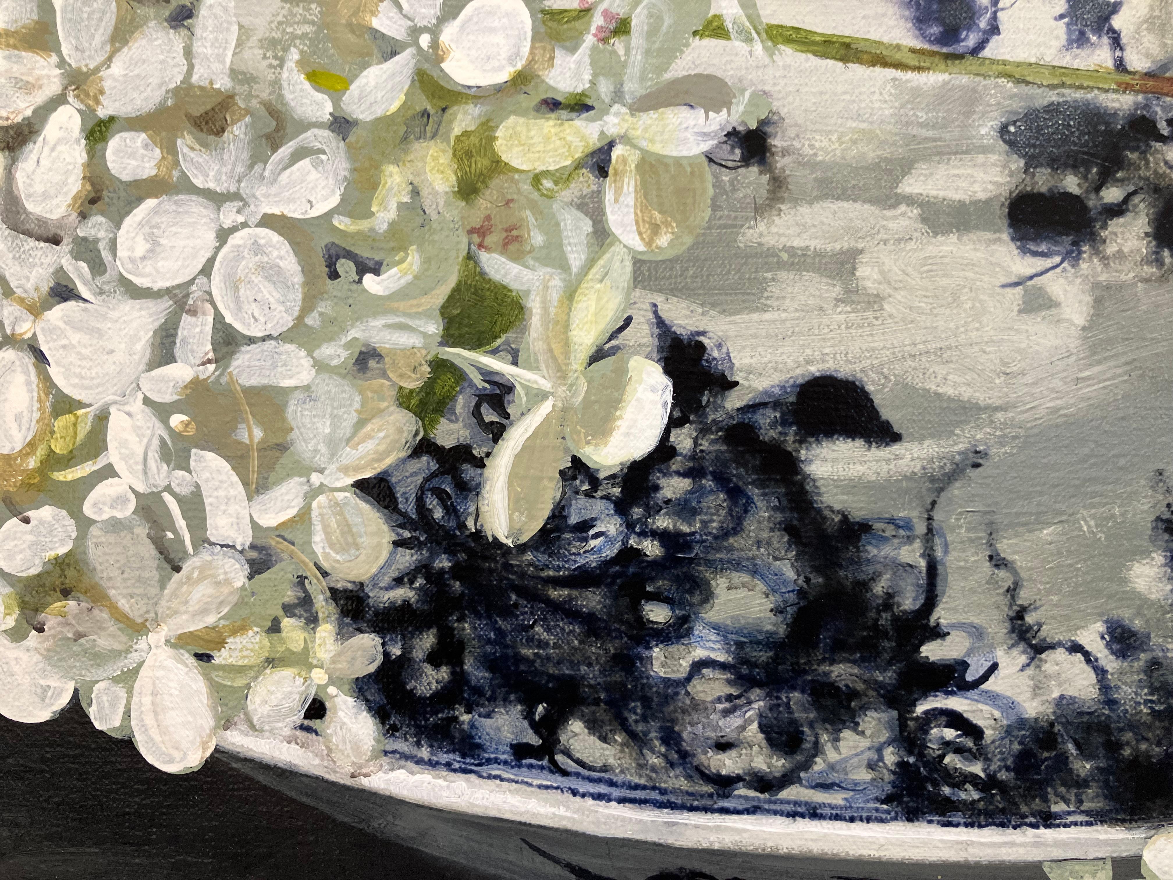 ''Hydrangea'', Contemporary Still Life Painting Porcelain Bowl with Hydrangea - Black Still-Life Painting by Sasja Wagenaar