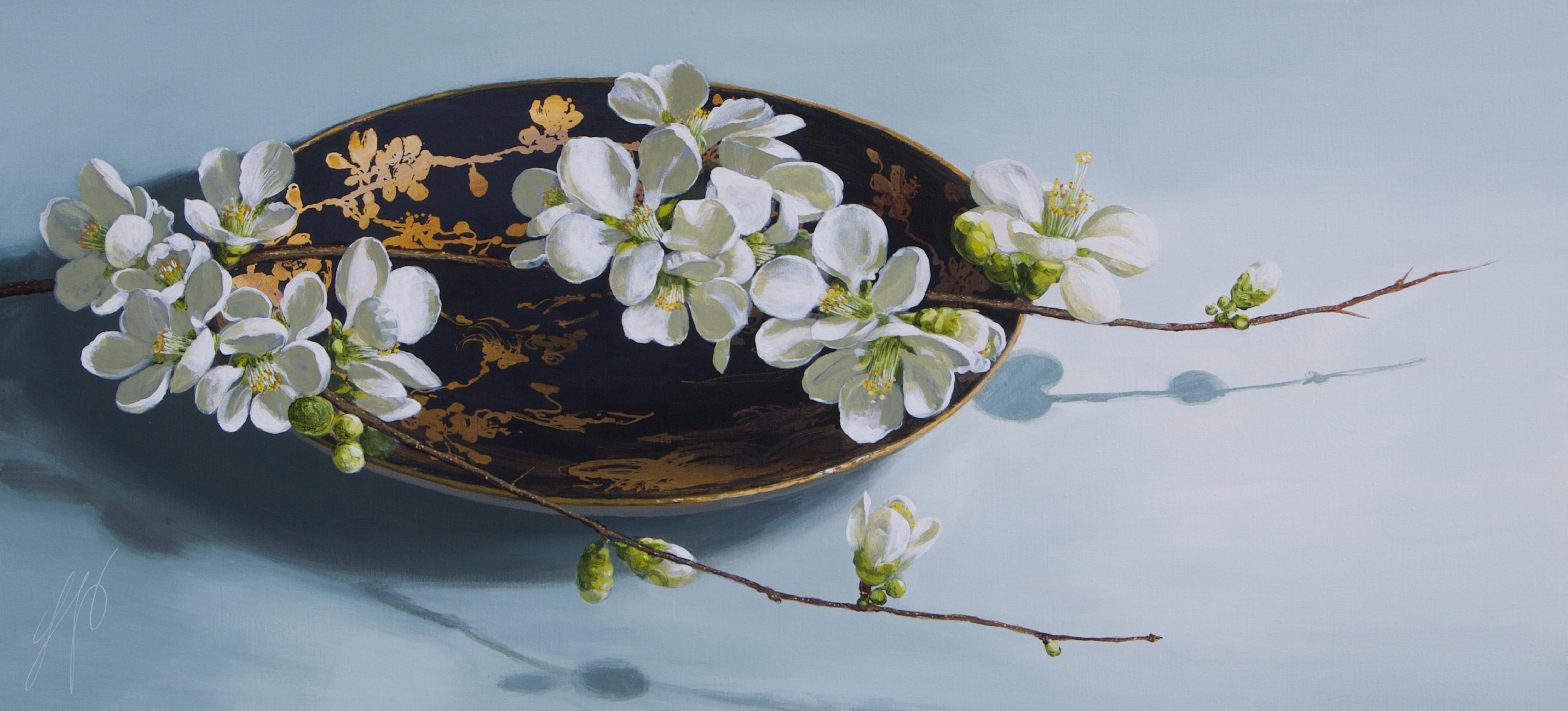 Sasja Wagenaar Still-Life Painting - ''Japanese Porcelain with Blossom'', Dutch Contemporary Still Life Painting 