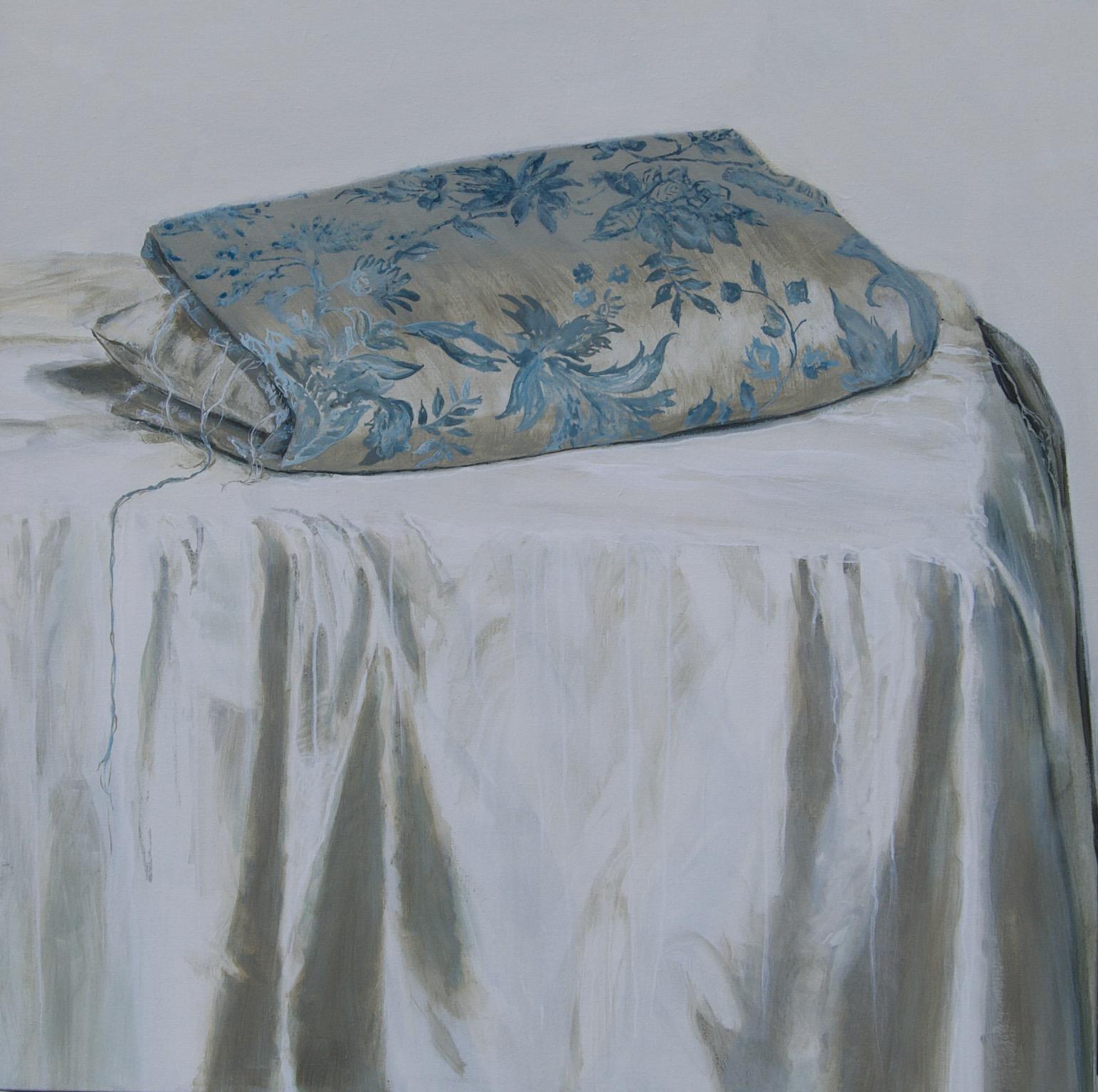 Sasja Wagenaar Still-Life Painting - ''Light and Blue'', Dutch Contemporary Still Life Painting Embroidered Silk 
