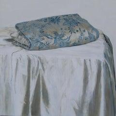 ''Light and Blue'', Dutch Contemporary Still Life Painting Embroidered Silk 