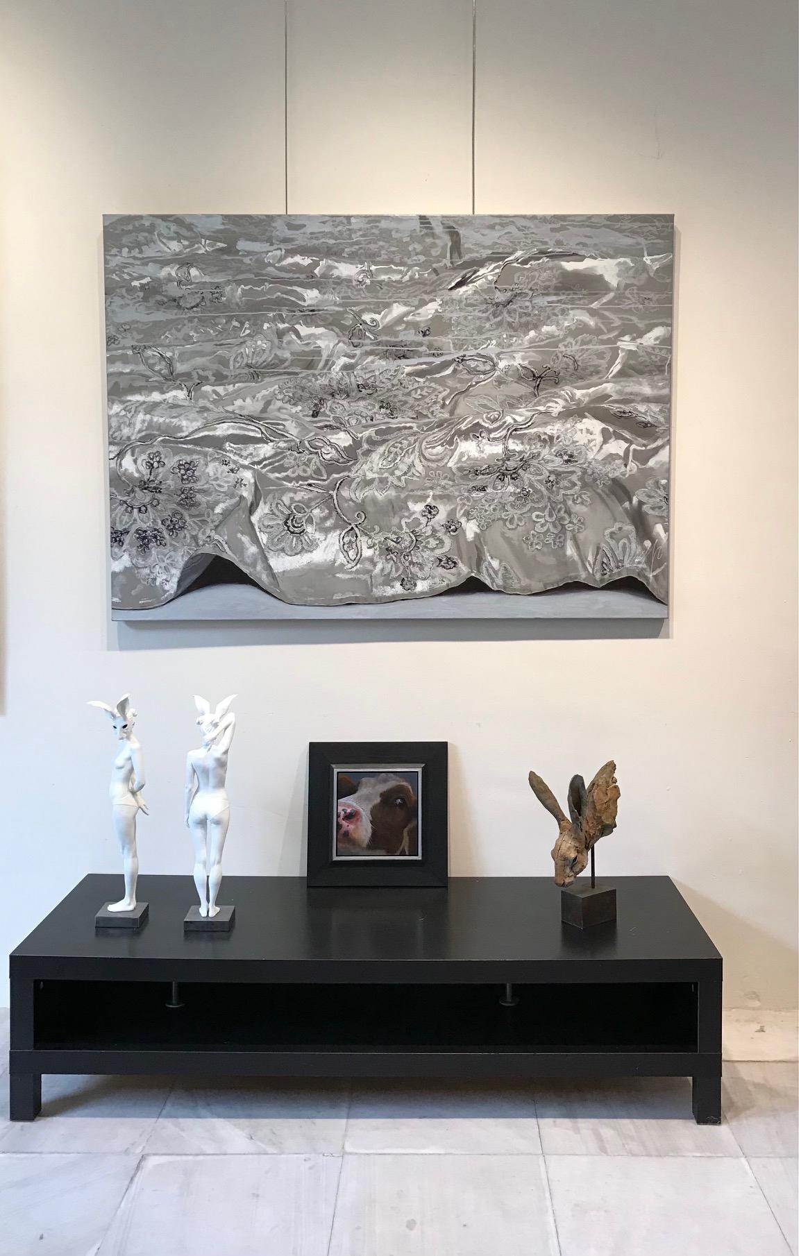 ''Sea of Silver'', Dutch Contemporary Still Life Painting with Embroidered Silk  For Sale 9