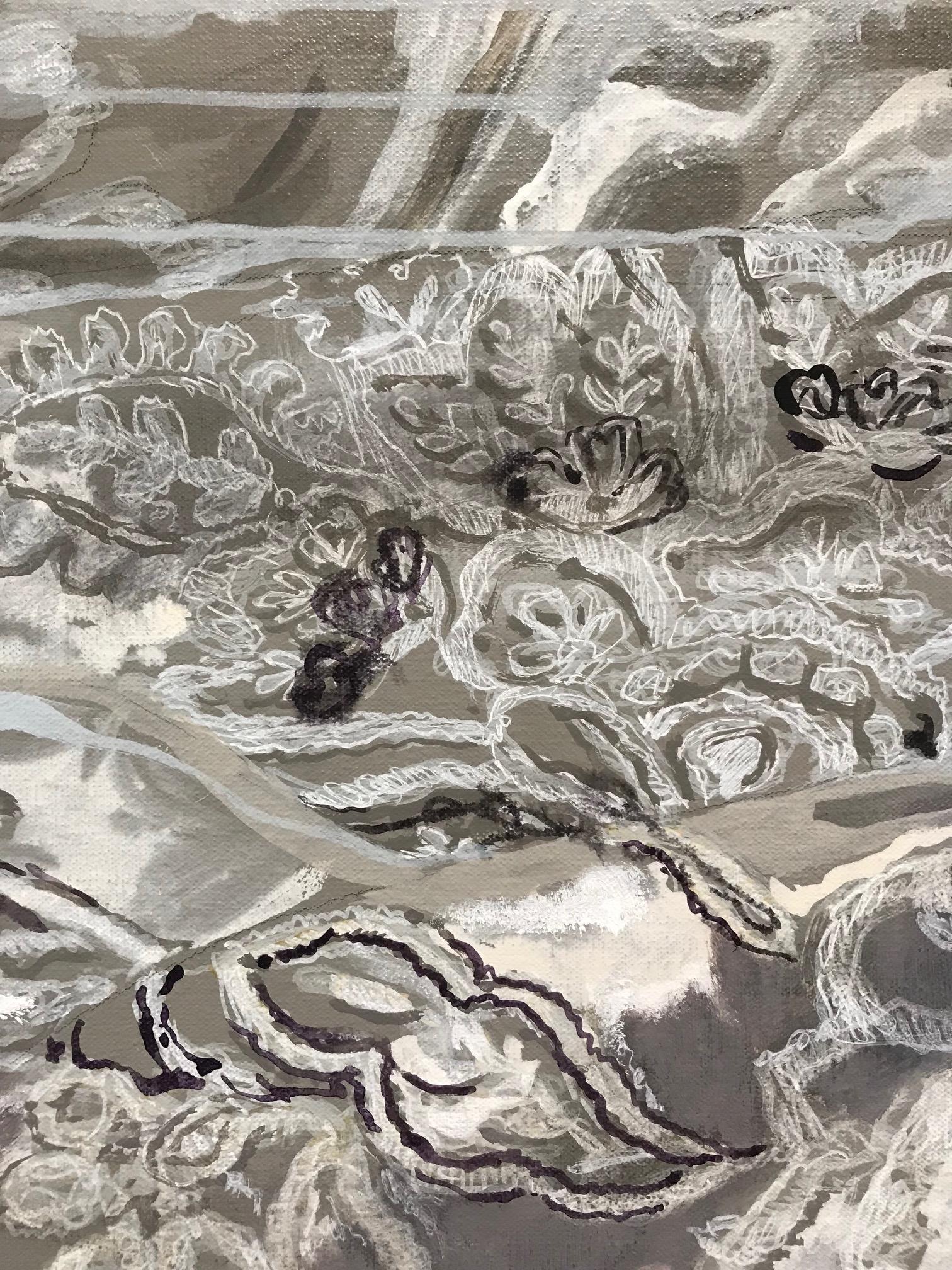 ''Sea of Silver'', Dutch Contemporary Still Life Painting with Embroidered Silk  2