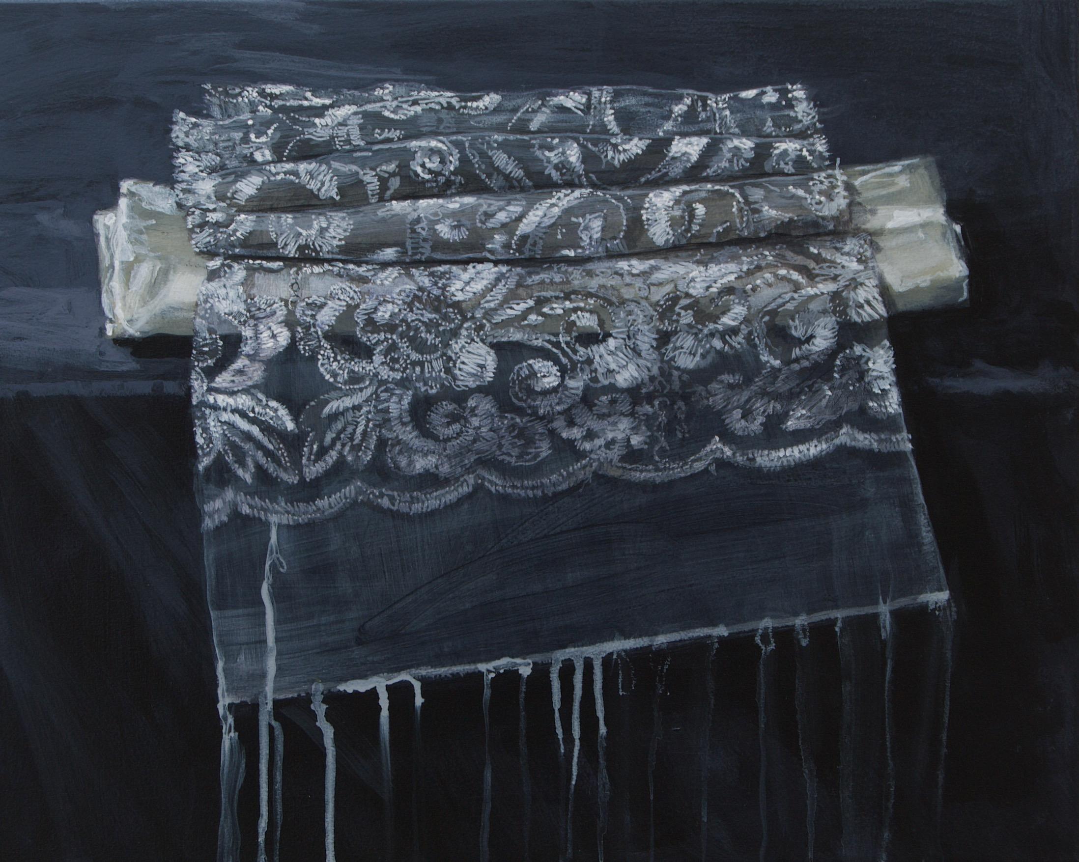 Sasja Wagenaar Figurative Painting - ''Stack of Silk'', Dutch Contemporary Still Life Painting with Embroidered Silk 
