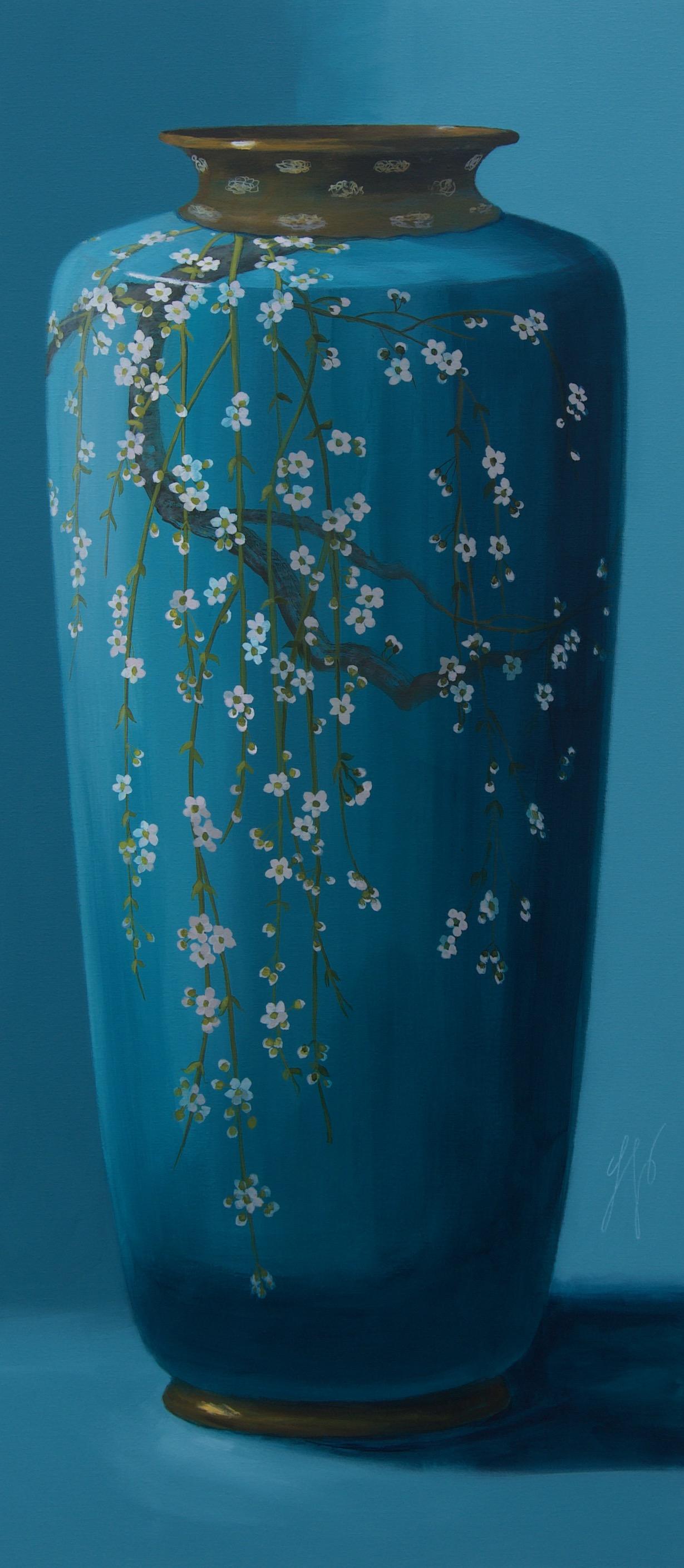 Sasja Wagenaar Figurative Painting – Türkisfarbene Vase", Niederländisches Contemporary Still Life Gemälde einer Porzellanvase