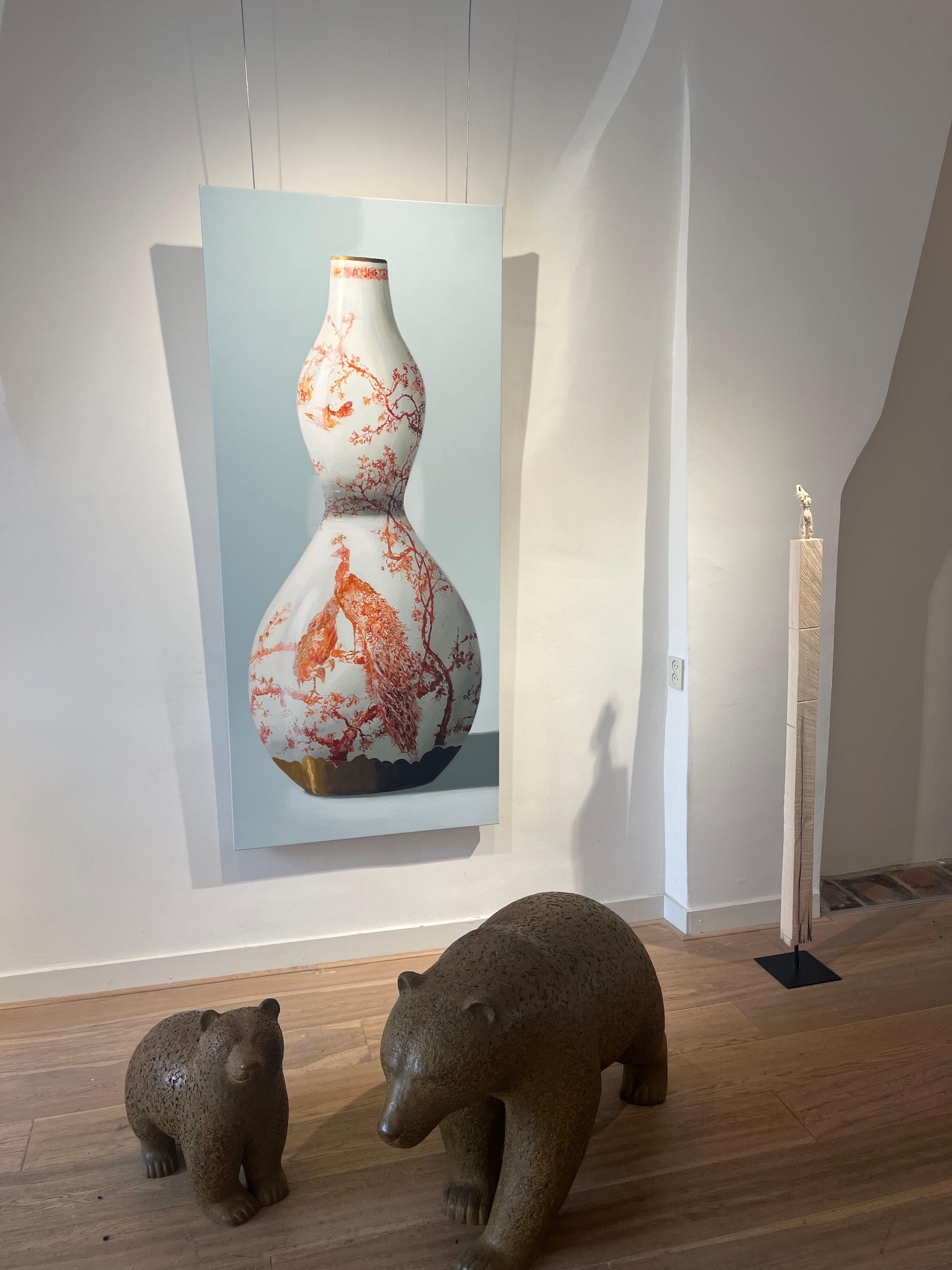 ''Vase avec paon orange'', peinture de nature morte contemporaine hollandaise Porcelaine 2