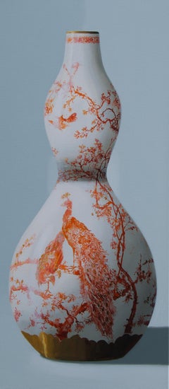 ''Vase avec paon orange'', peinture de nature morte contemporaine hollandaise Porcelaine
