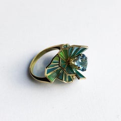 Sasonko 1.71 Carat Aquamarine Enamel 18 Karat Yellow Gold Ring