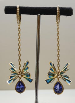 Sasonko 3.59 Carat Tanzanite Diamond Enamel 18 Karat Yellow Gold Earrings