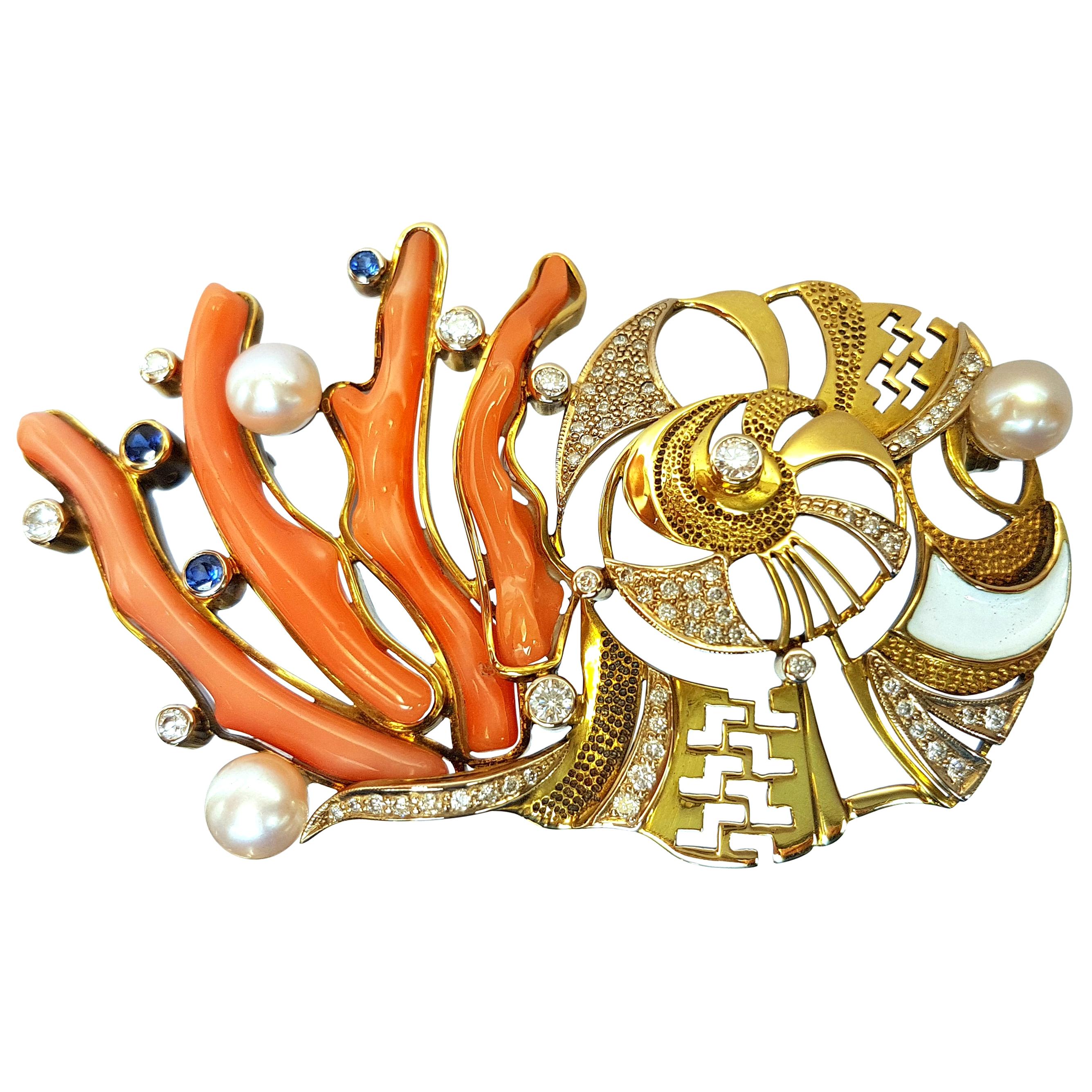 Sasonko Diamond Pearl Coral Sapphire 18 Karat Yellow Gold Brooch