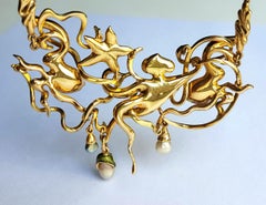 Sasonko Enamel Diamond Pearl Emerald Ruby 18 Karat Yellow Gold Necklace