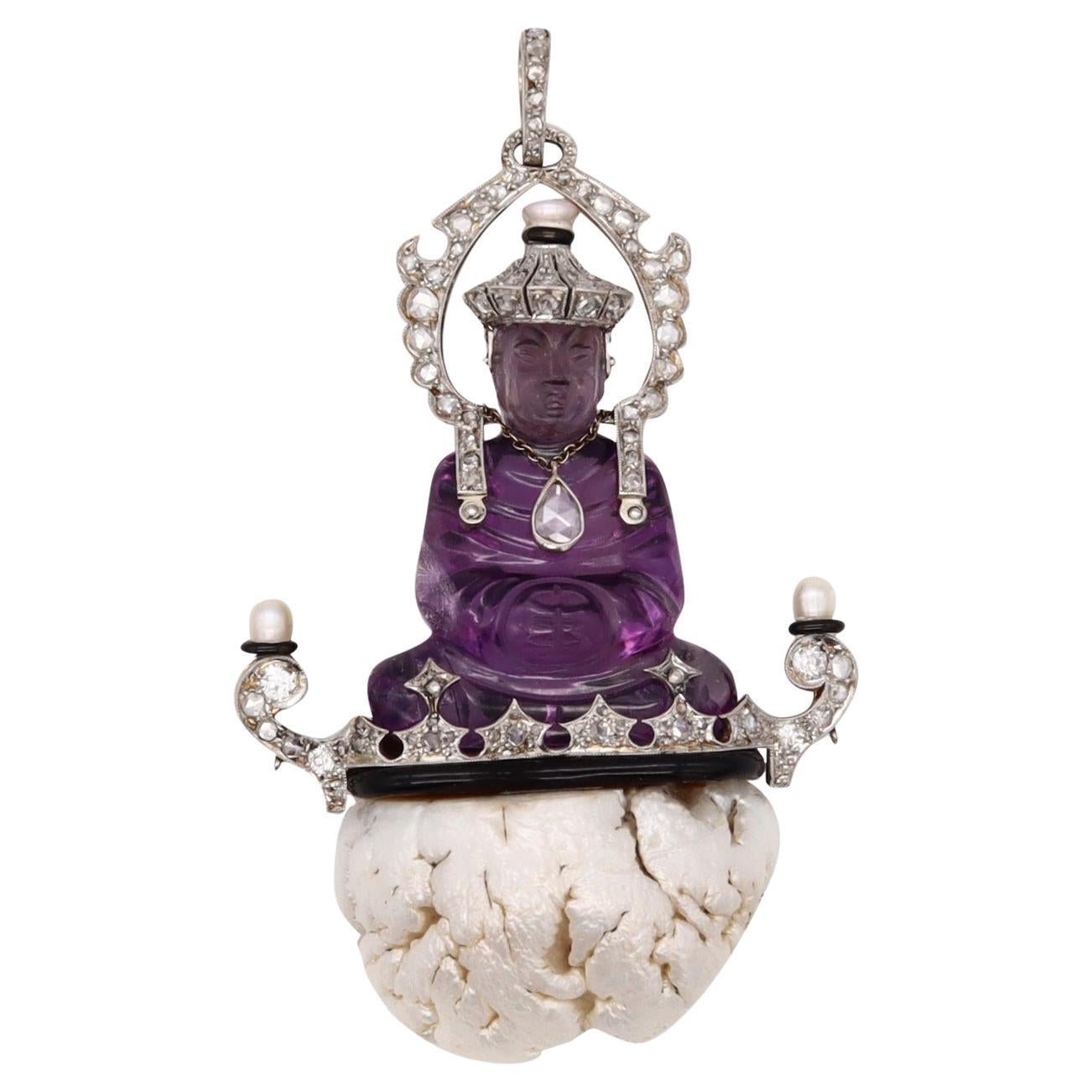 Sasportas 1920 Paris Art Deco Buddha Pendant Platinum with Diamonds & Amethyst For Sale