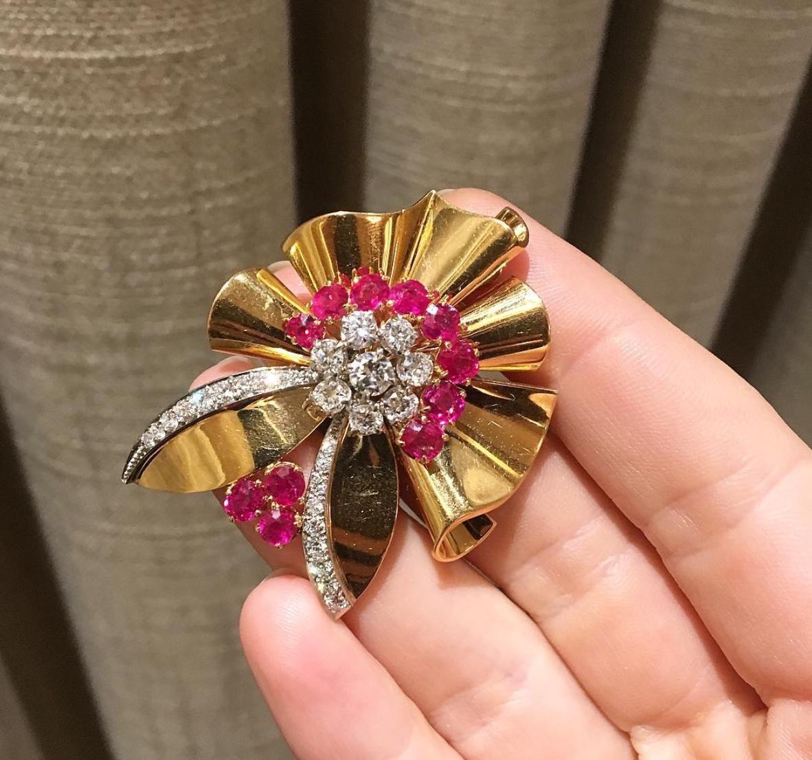 Sasportas, France Retro Gold, Ruby and Diamond Stylized Flower Brooch ...