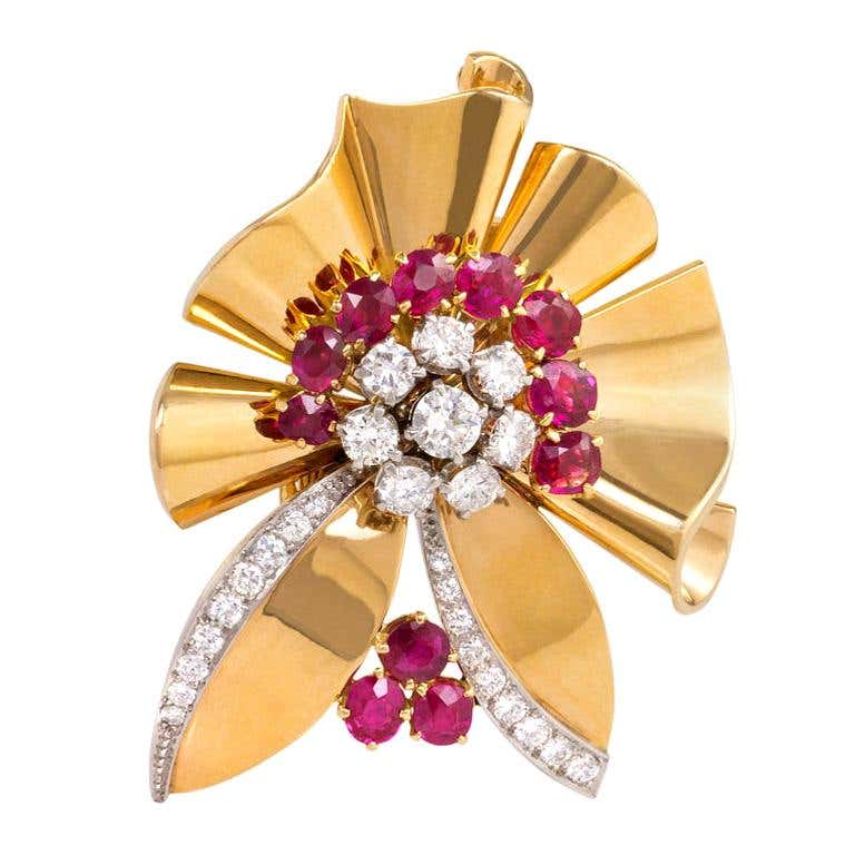 Cabochon Ruby and Diamond Flower Brooch For Sale at 1stDibs