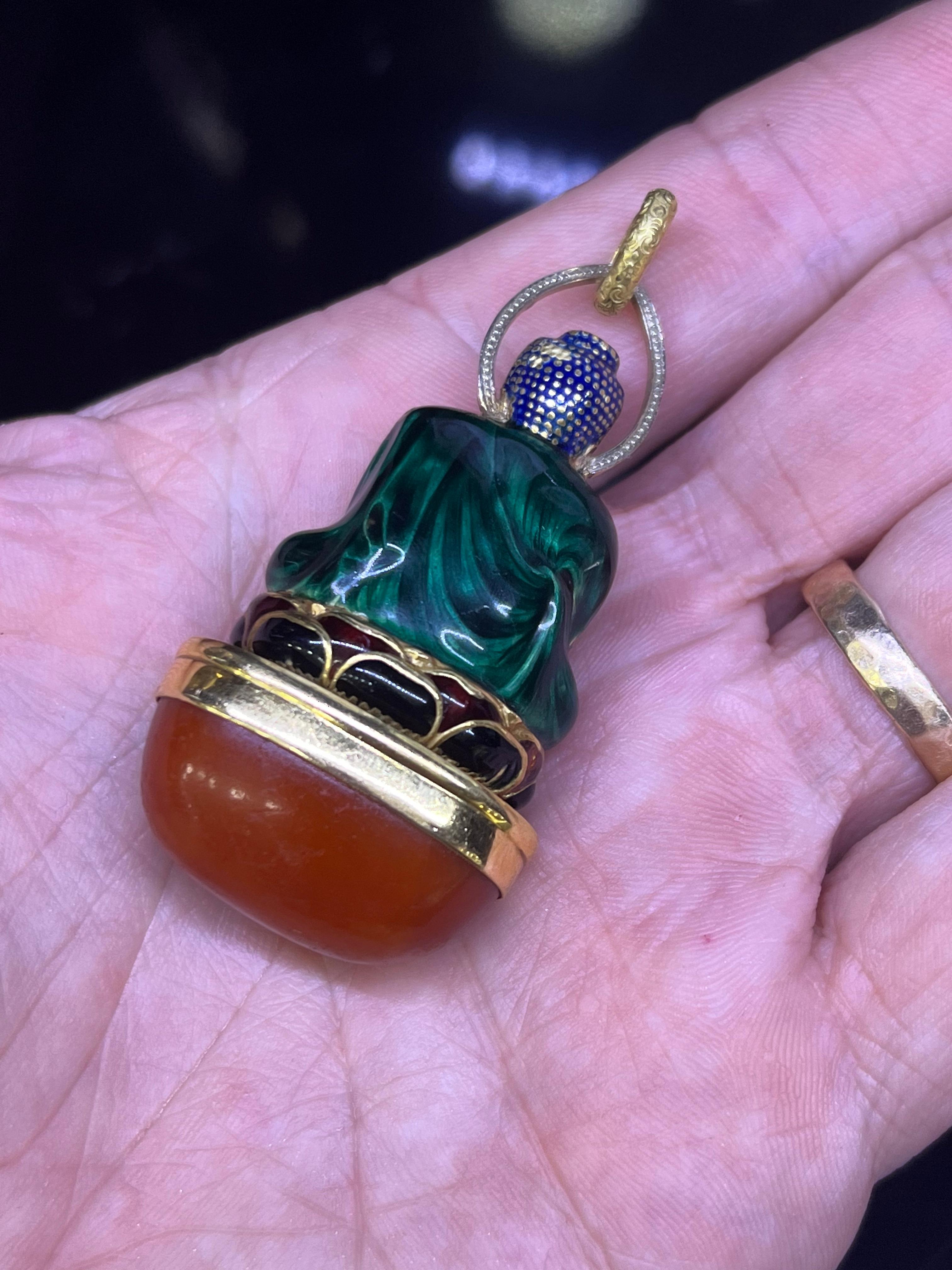 Women's or Men's Sasportas French Art Deco Buddha Pendant Amber Gemstone & Enamel 18k Yellow Gold For Sale