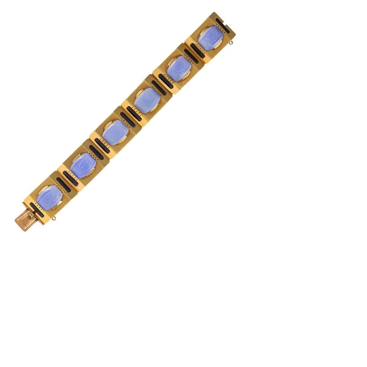 Retro Sasportas Blue Chalcedony and Gold Plaque Bracelet 