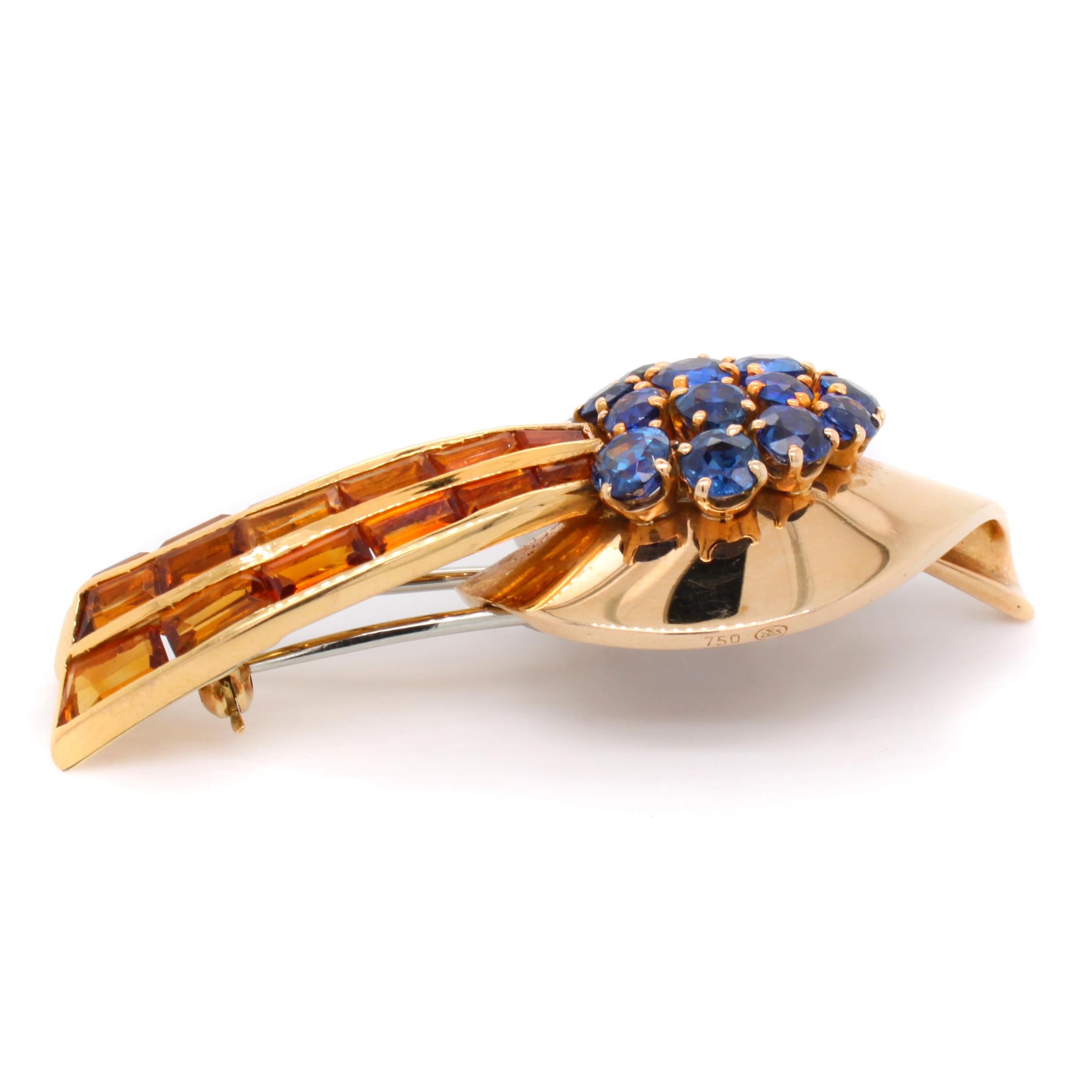 Sasportas Sapphire Citrine Diamond Comet Clip Brooch, circa 1940s In Excellent Condition For Sale In Idar-Oberstein, DE