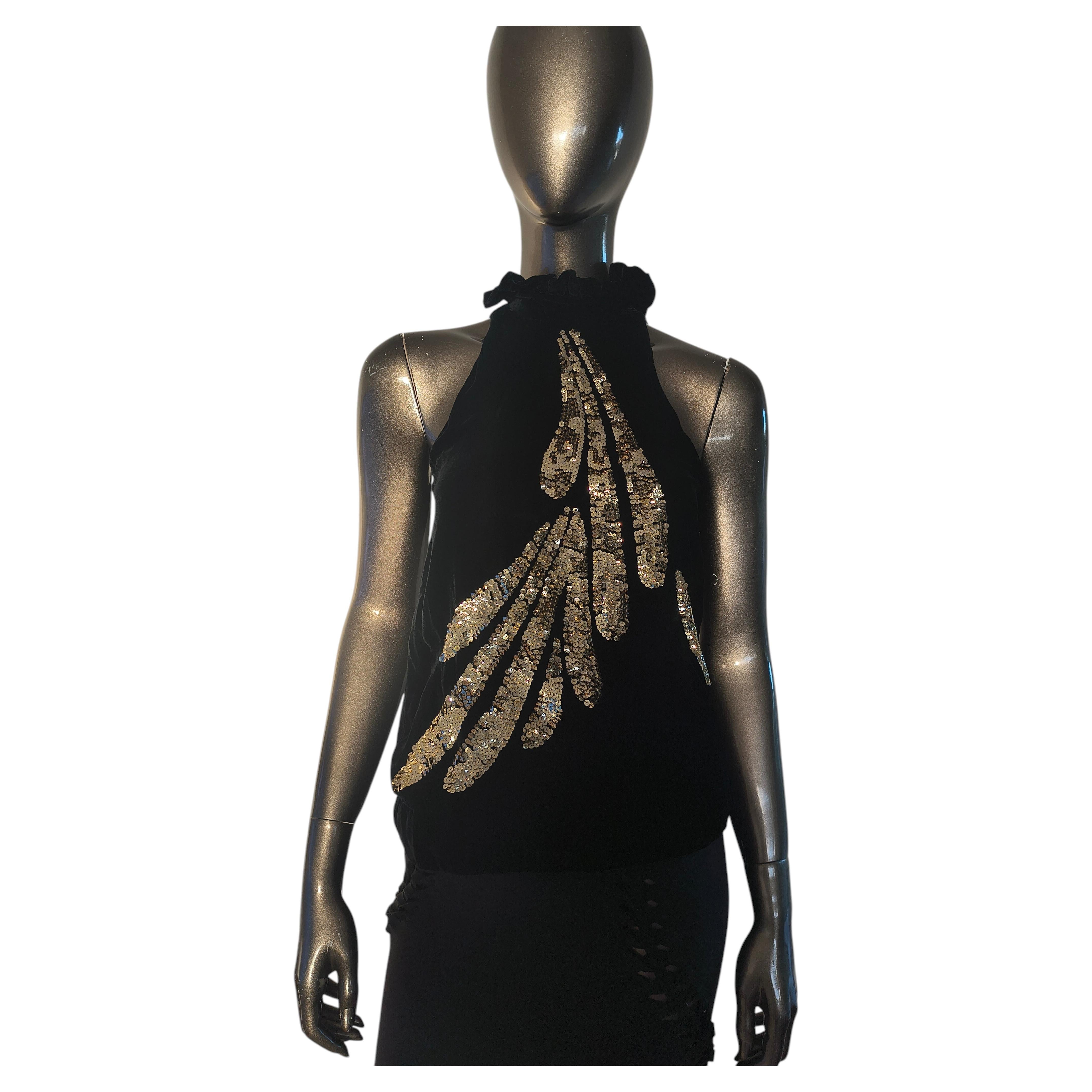Sass & Bide – Ärmellose Bluse aus Samtseide mit goldenen Pailletten und Blattmotiv