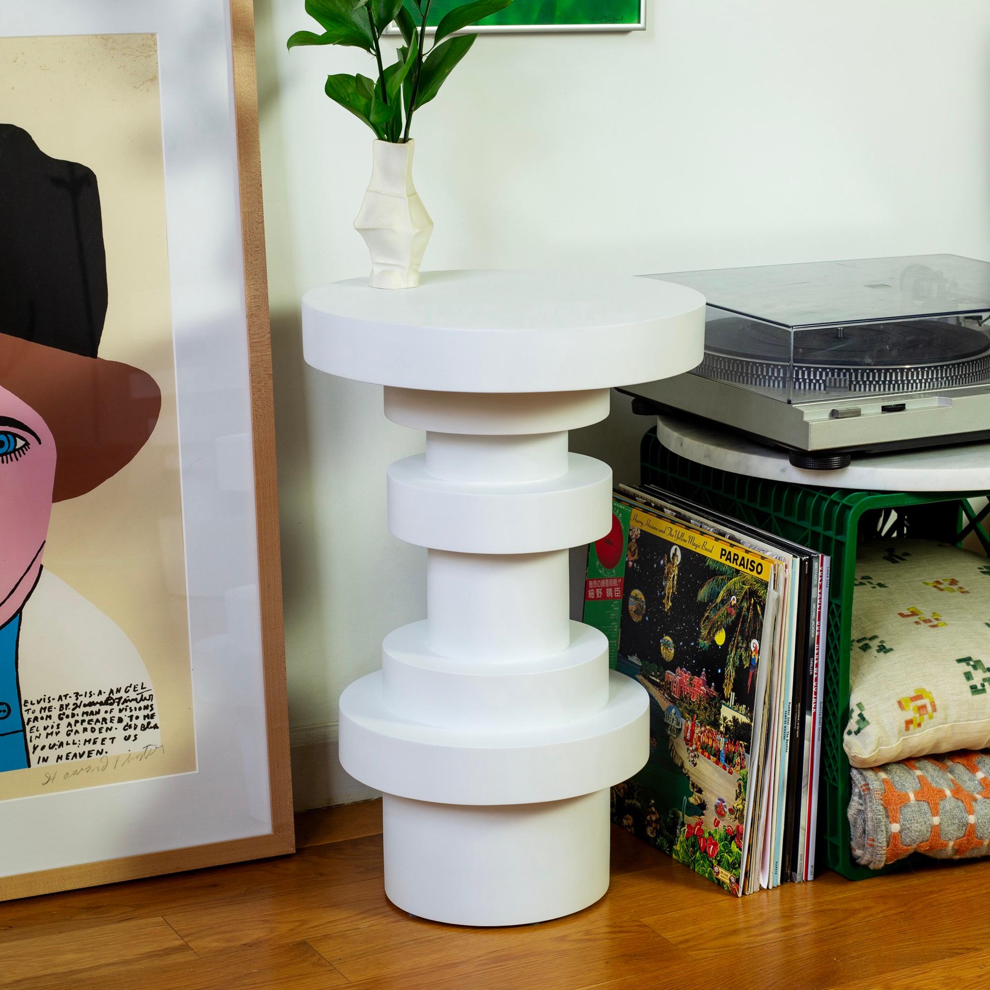 This listing is for a pair of Sass Side Tables from Souda in White.

The totem-like shapes of each piece in the Sass Series are inspired by Ettore Sottsass.

Designed by: MPGMB
Short Table: 18 inches tall with 14 inch diameter
Tall Table: 21 inches